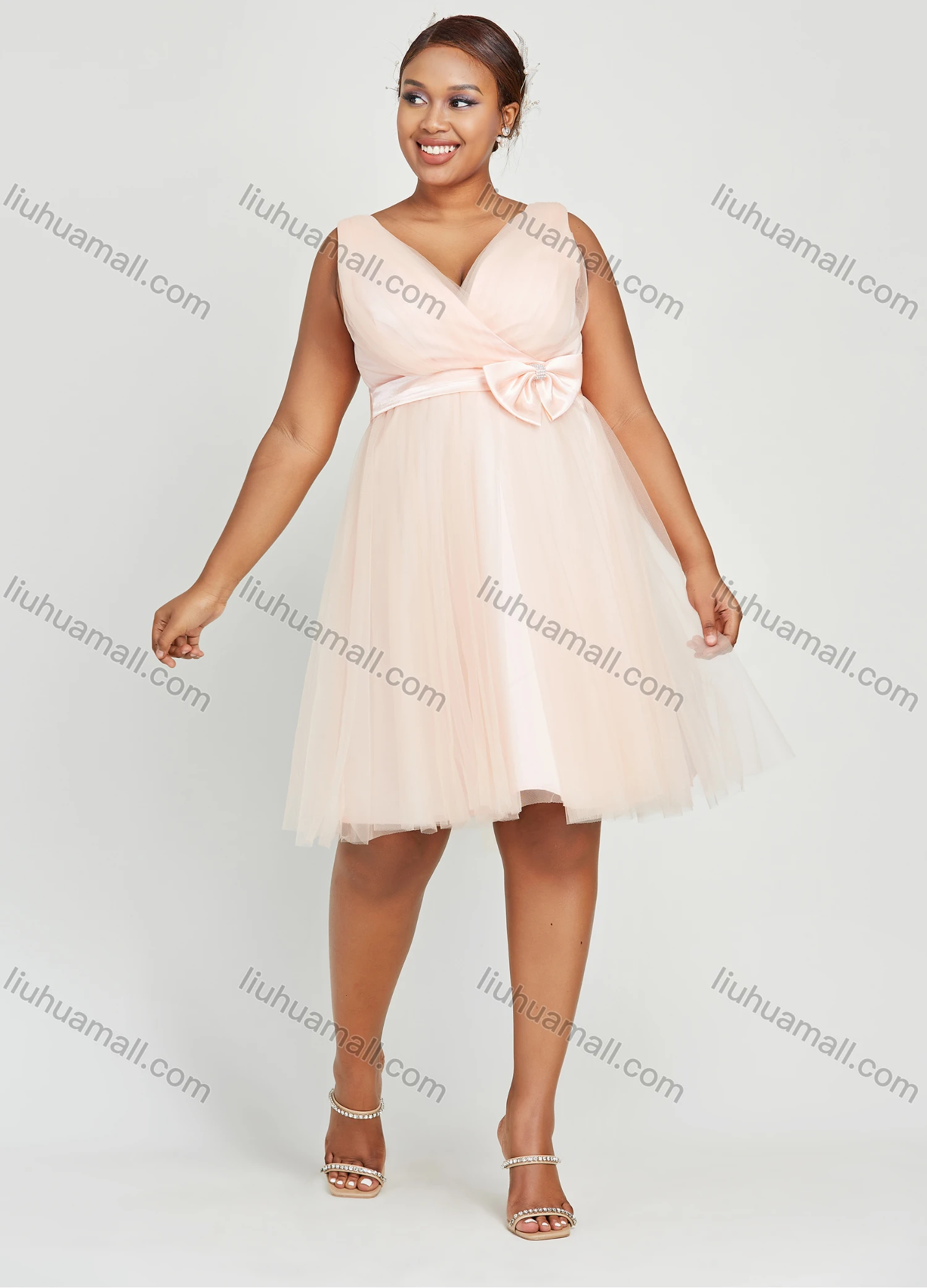 Wholesale Women's Elegant Sleeveless V Neck Tie Back Bowknot Mesh Cocktail Party Dress - Liuhuamall