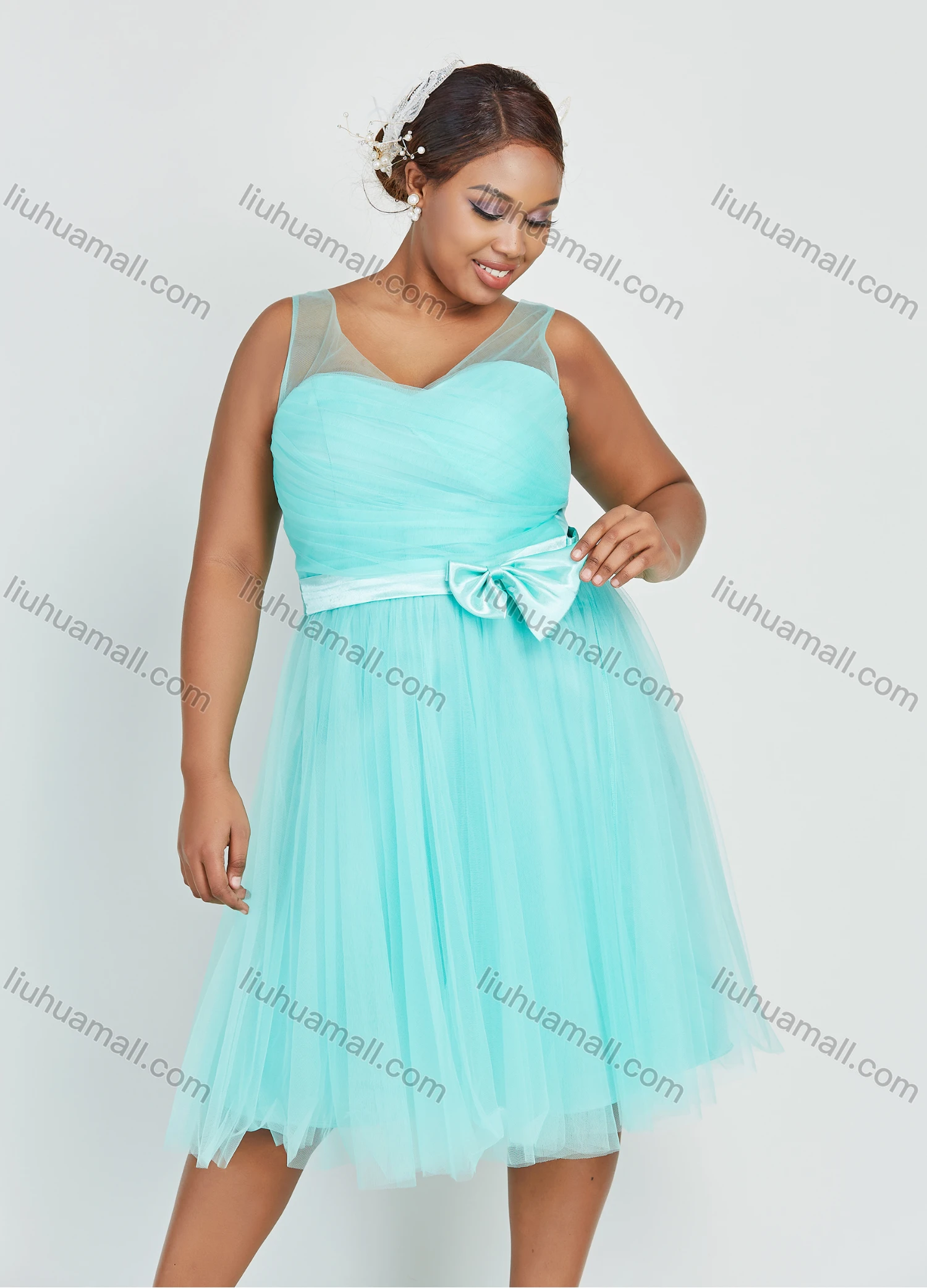 Wholesale Women's Elegant Sleeveless V Neck Mesh Bowknot Dress - Liuhuamall