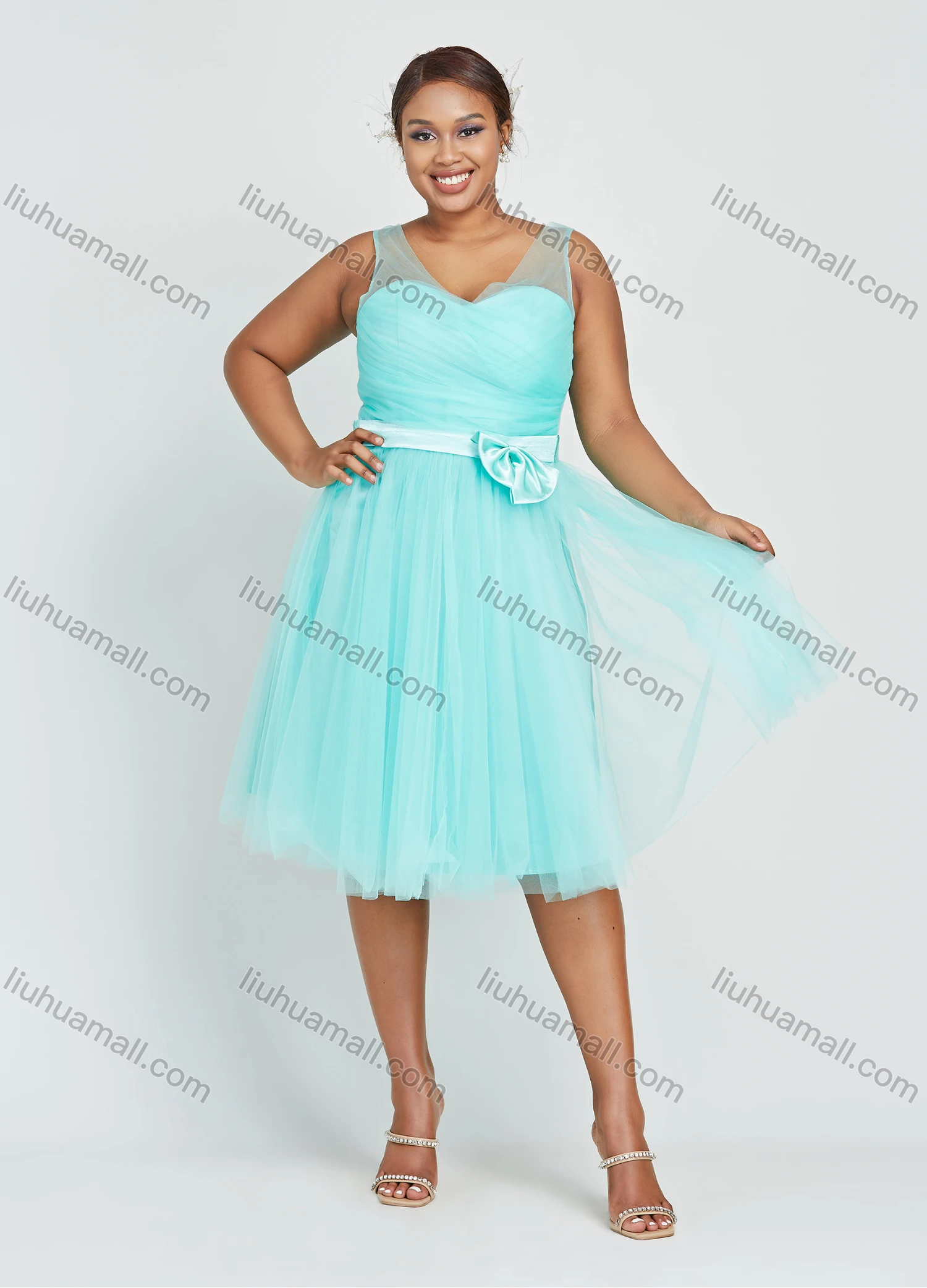 Wholesale Women's Elegant Sleeveless V Neck Mesh Bowknot Dress - Liuhuamall