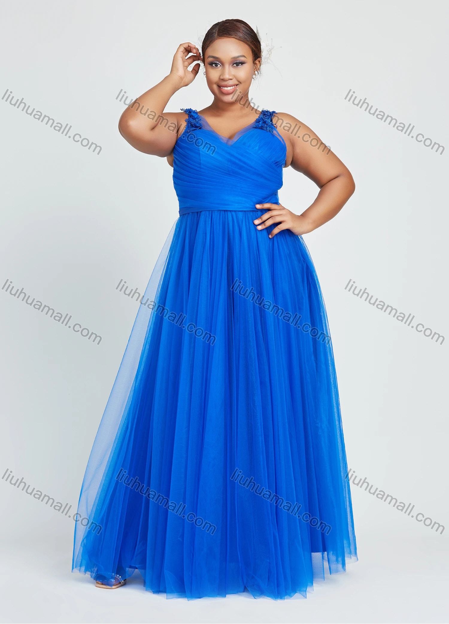 Wholesale Women's Elegant Sleeveless V Neck Mesh Appliques Evening Dress - Liuhuamall
