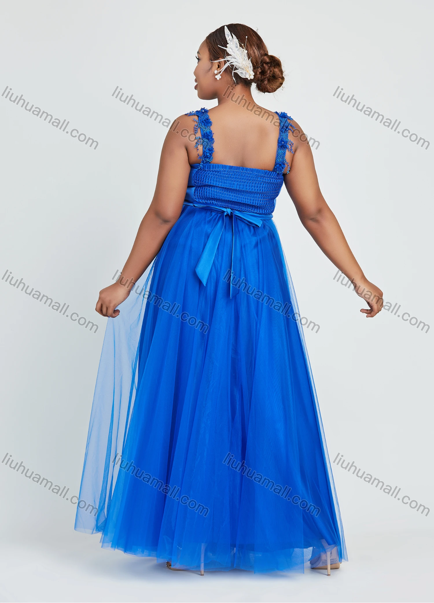 Wholesale Women's Elegant Sleeveless V Neck Mesh Appliques Evening Dress - Liuhuamall