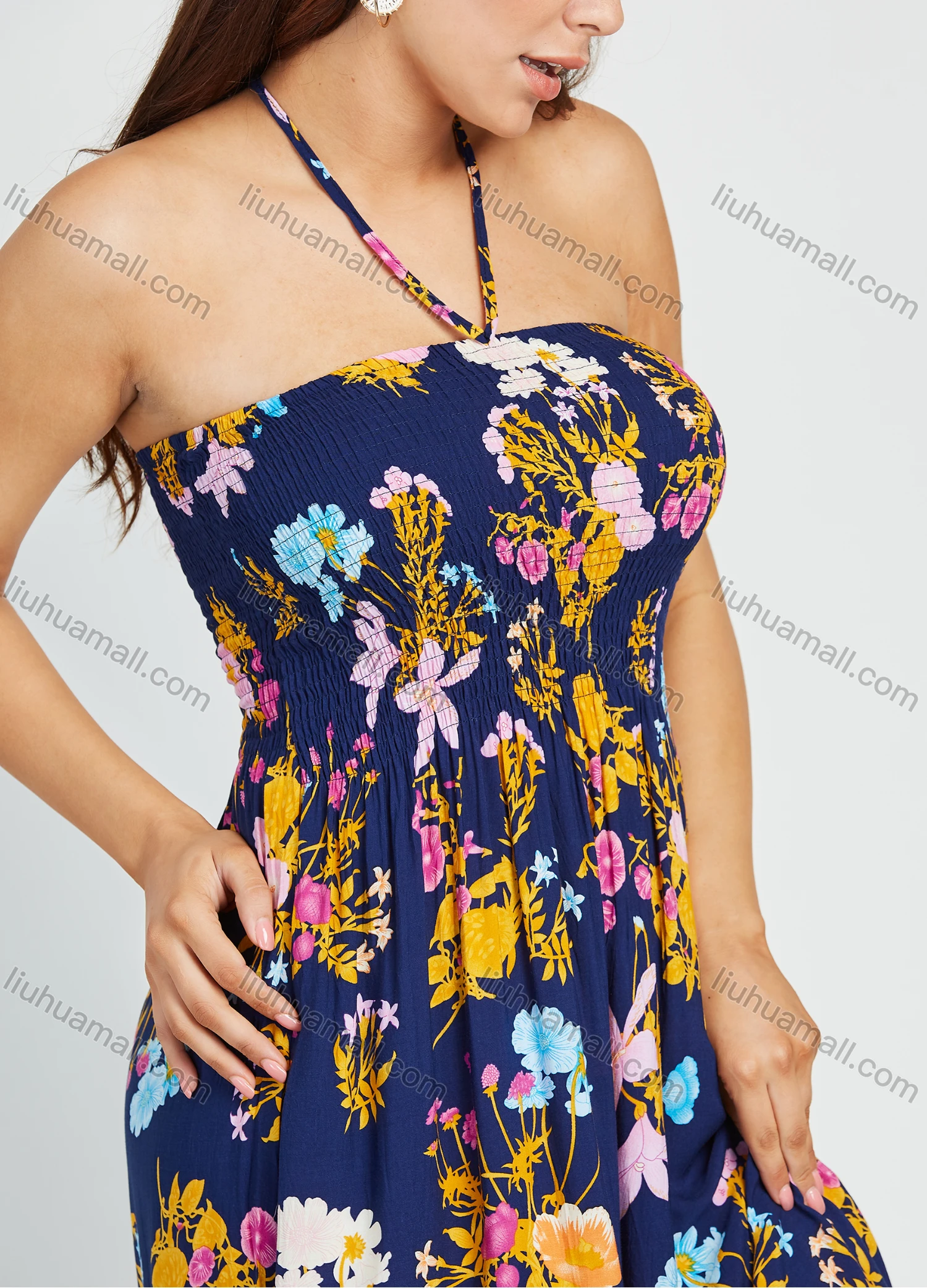 Wholesale Women's Vacation Sleeveless Spaghetti Strap Halter Shirred Floral Print Midi Dress - Liuhuamall