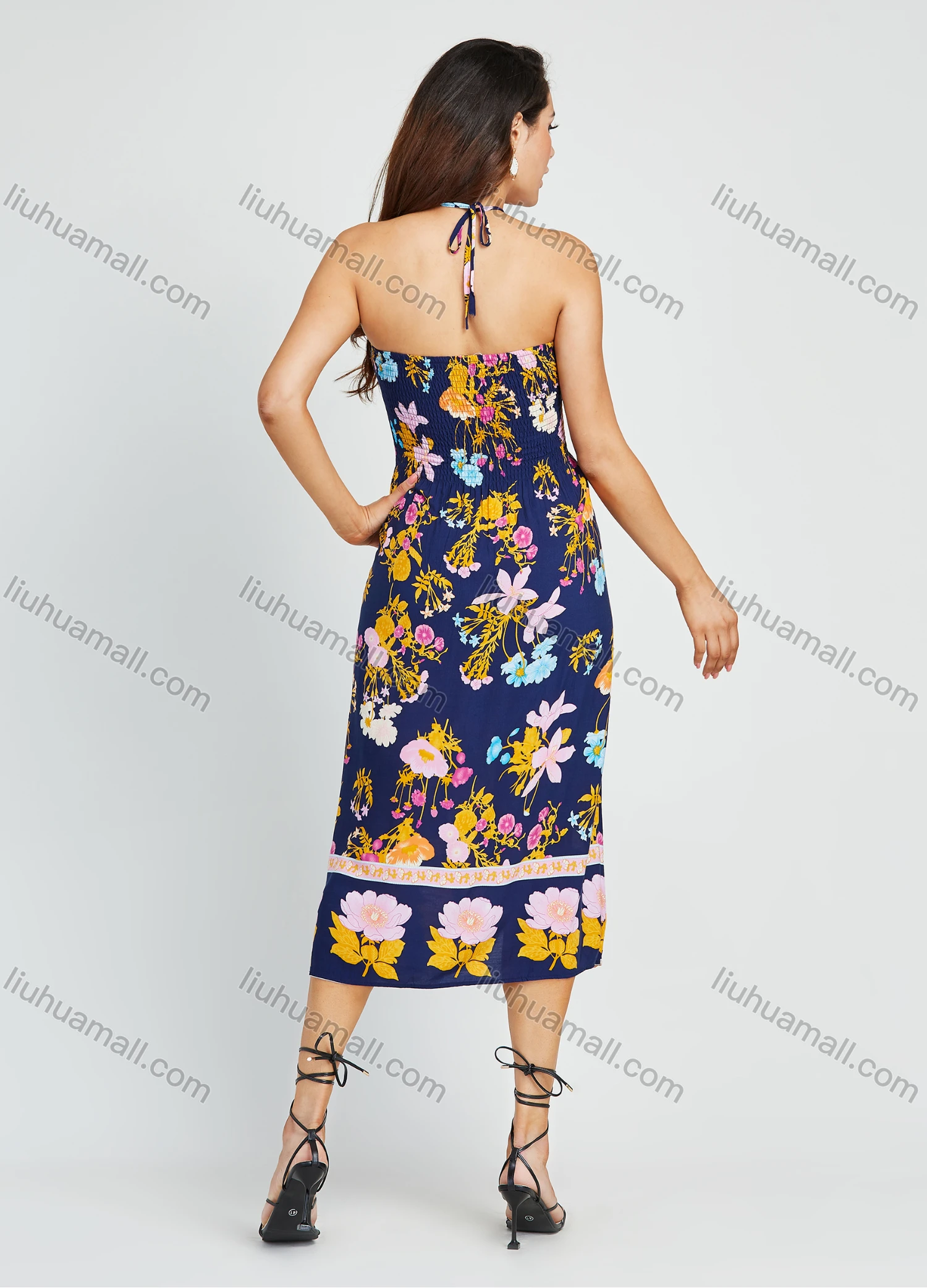 Wholesale Women's Vacation Sleeveless Spaghetti Strap Halter Shirred Floral Print Midi Dress - Liuhuamall