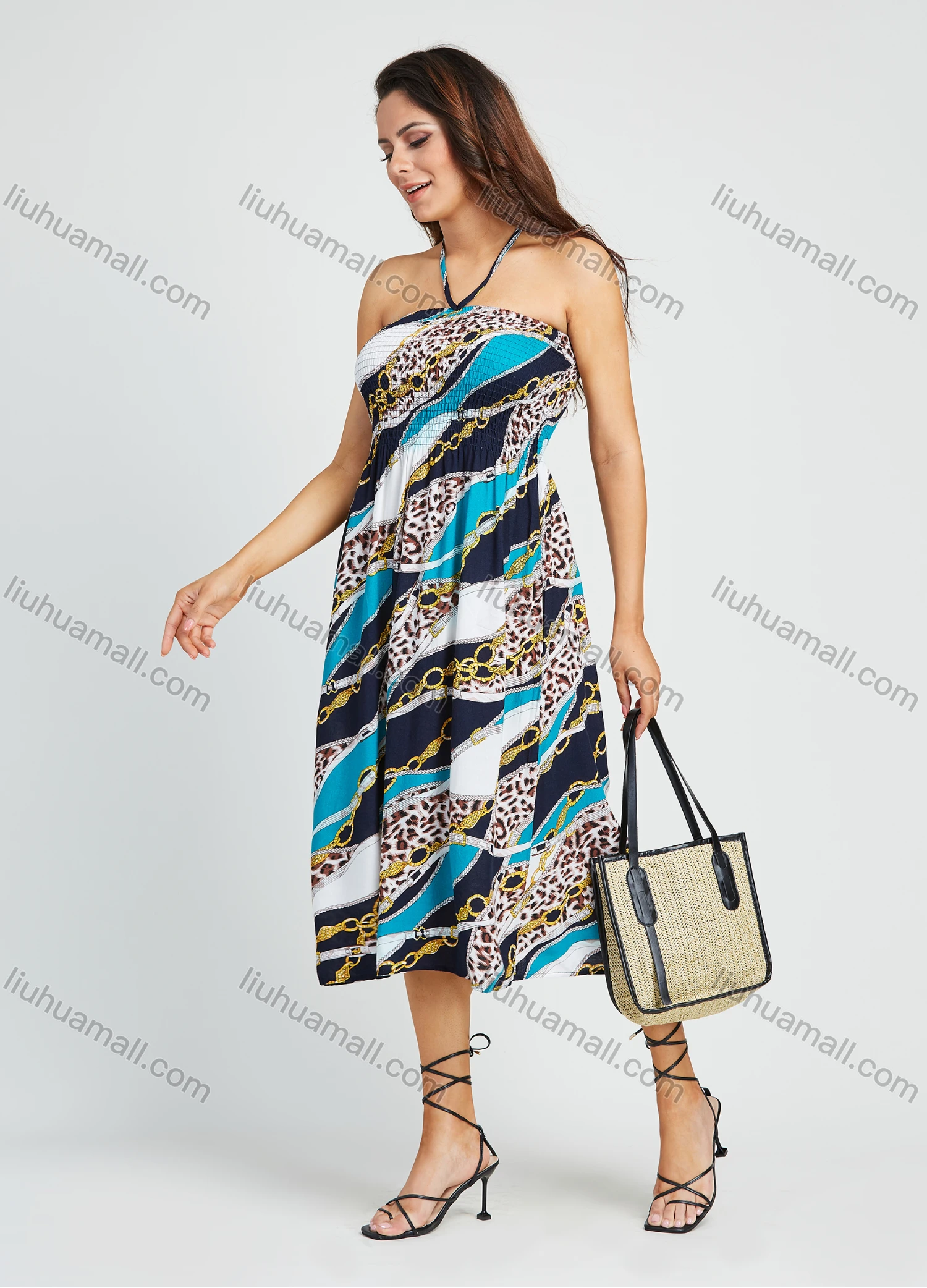 Wholesale Women's Vacation Sleeveless Spaghetti Strap Halter Shirred Chain & Leopard Splicing Print Midi Dress - Liuhuamall