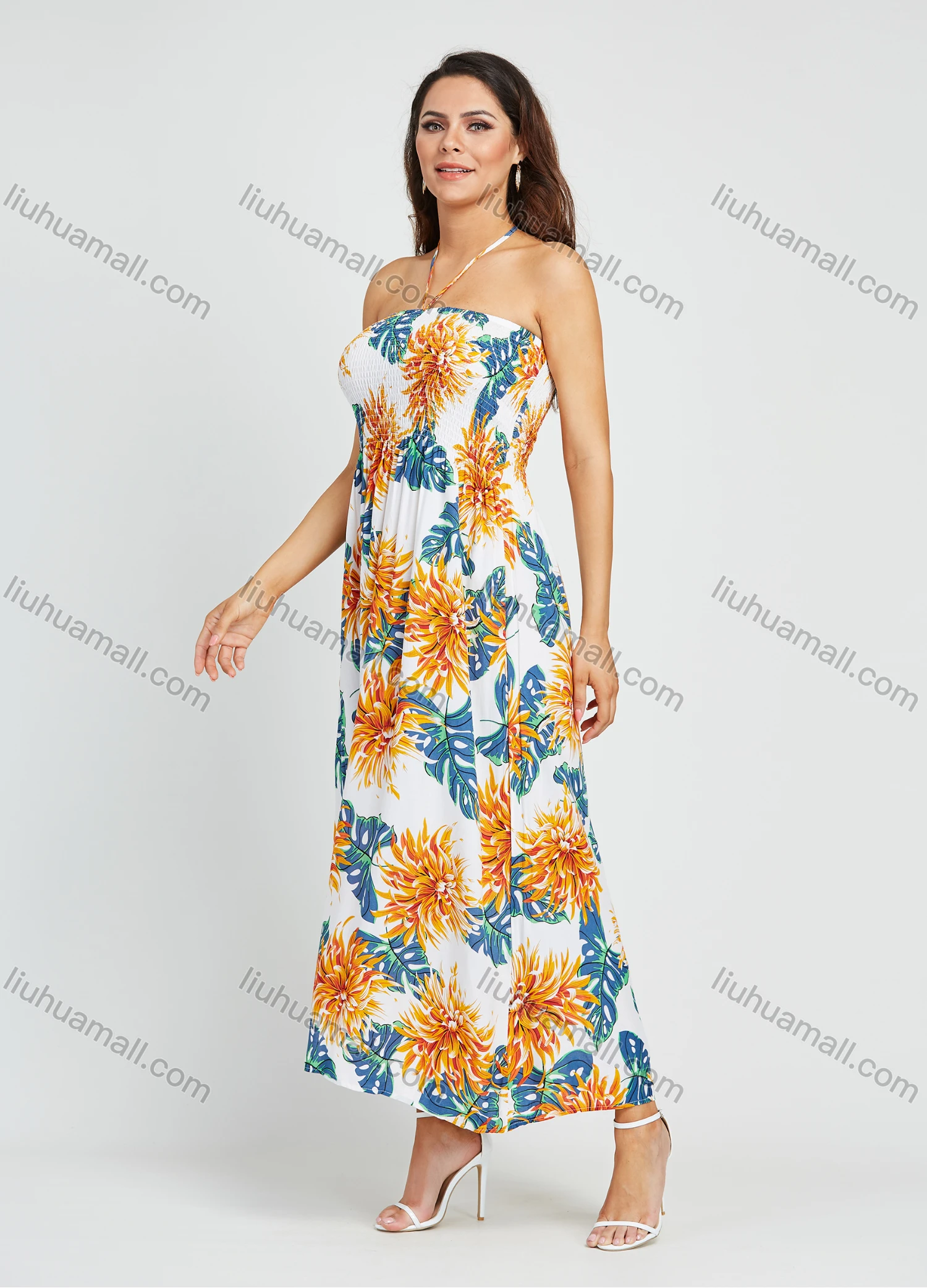 Wholesale Women's Vacation Sleeveless Spaghetti Strap Halter Shirred Floral Print Maxi Dress - Liuhuamall