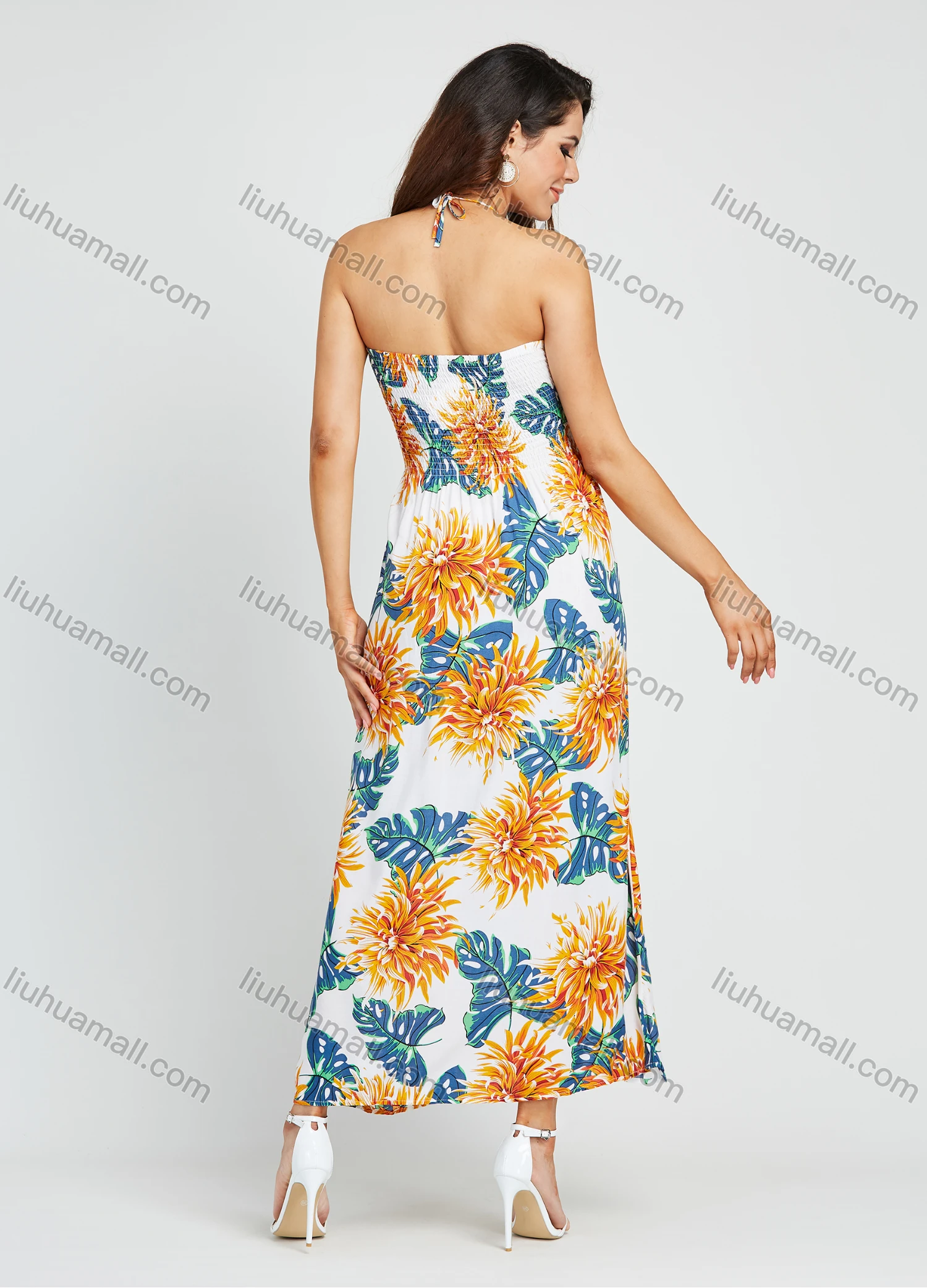 Wholesale Women's Vacation Sleeveless Spaghetti Strap Halter Shirred Floral Print Maxi Dress - Liuhuamall