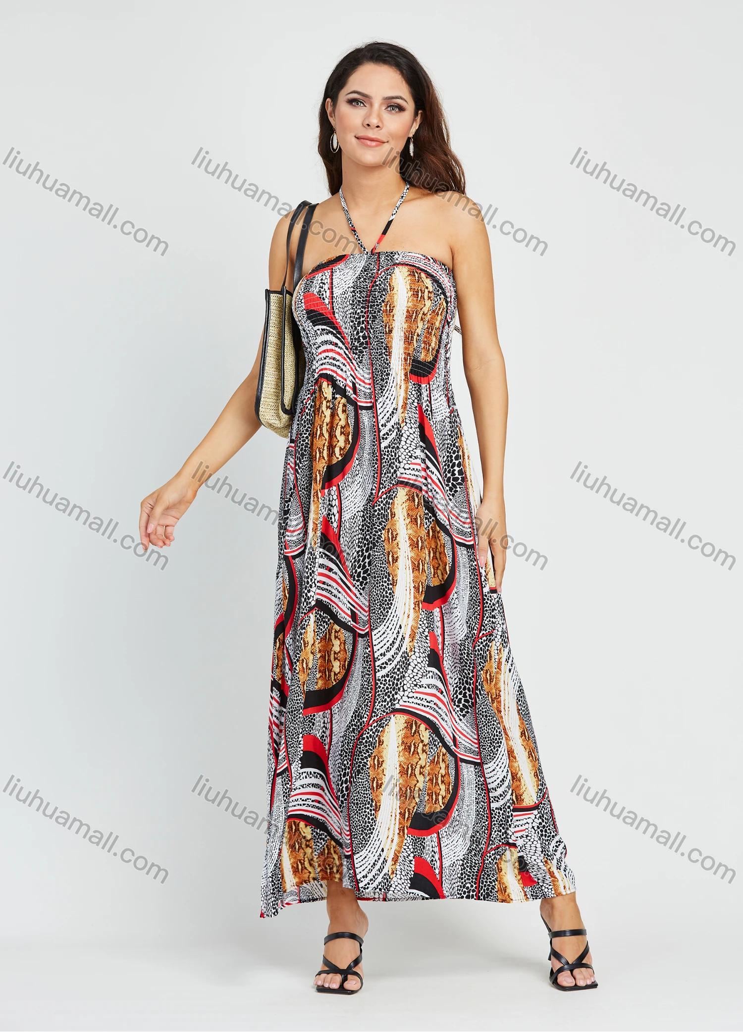 Wholesale Women's Vacation Sleeveless Spaghetti Strap Halter Shirred Snakeskin Splicing Maxi Dress - Liuhuamall