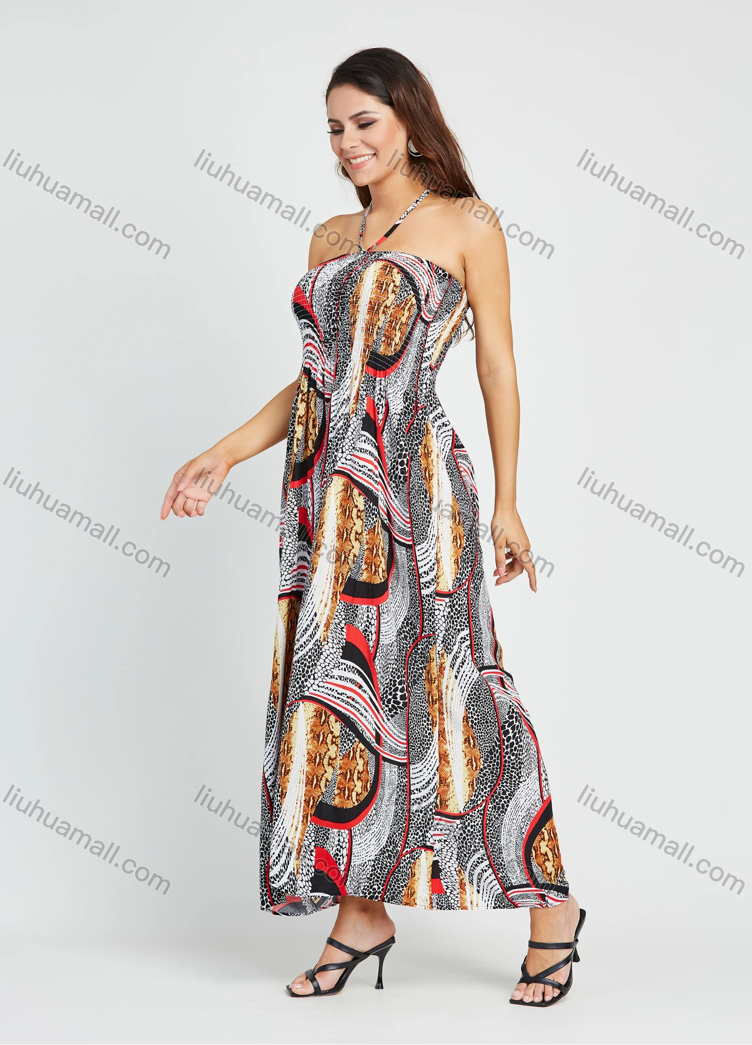 Wholesale Women's Vacation Sleeveless Spaghetti Strap Halter Shirred Snakeskin Splicing Maxi Dress - Liuhuamall