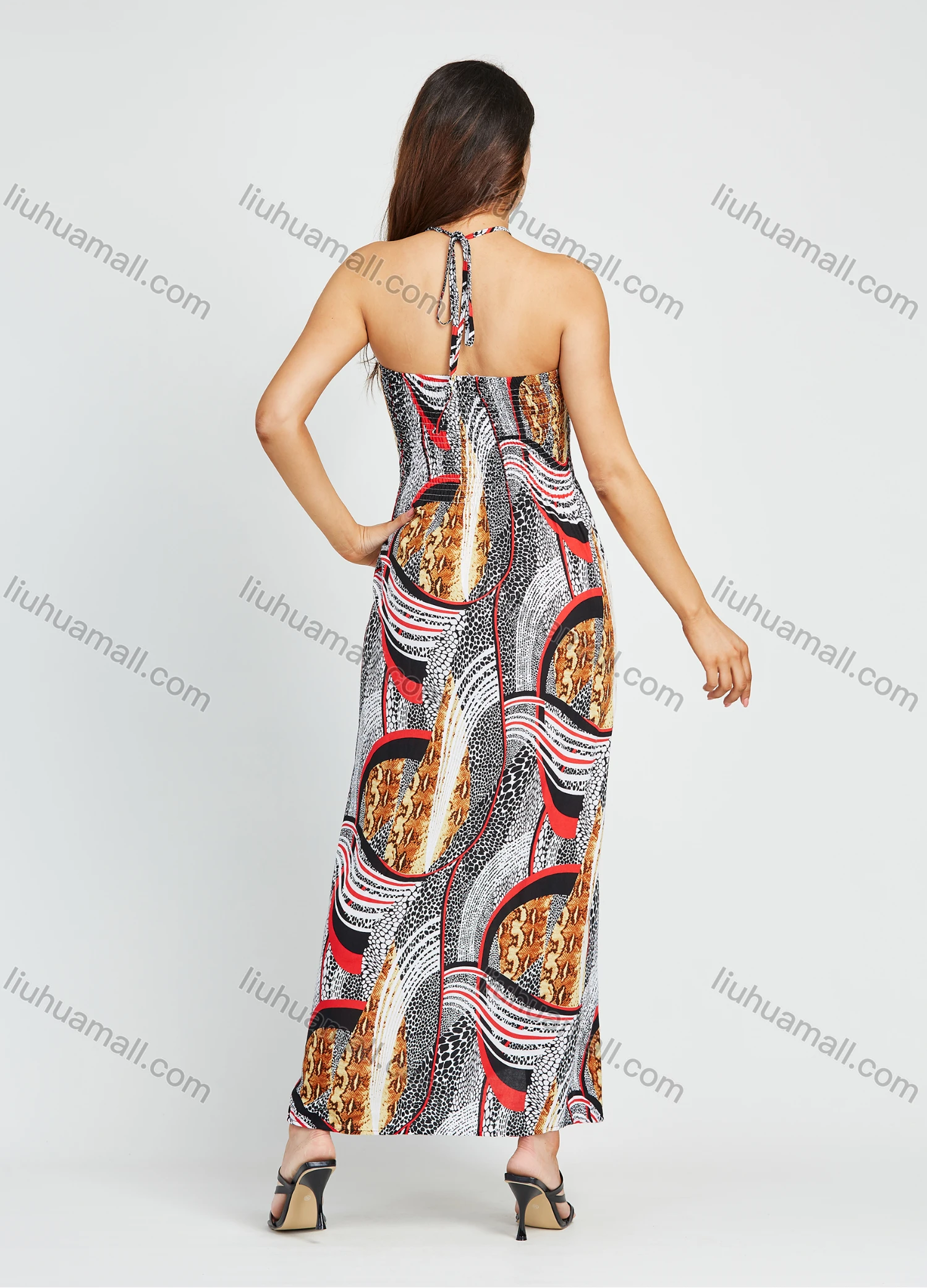 Wholesale Women's Vacation Sleeveless Spaghetti Strap Halter Shirred Snakeskin Splicing Maxi Dress - Liuhuamall