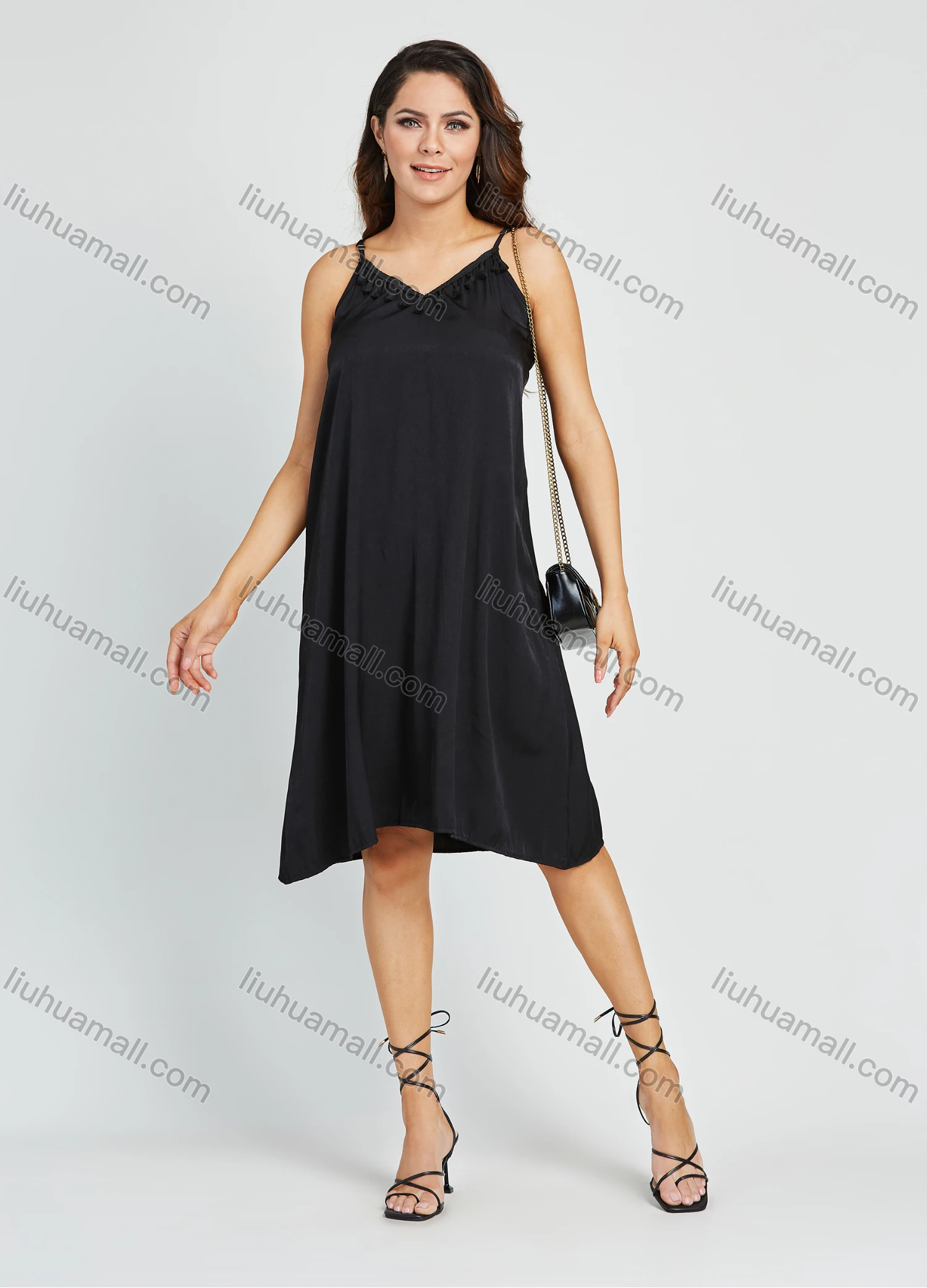 Wholesale Women's Casual Sleeveless Spaghetti Strap V Neck Tassel Plain Knee Length Dress - Liuhuamall