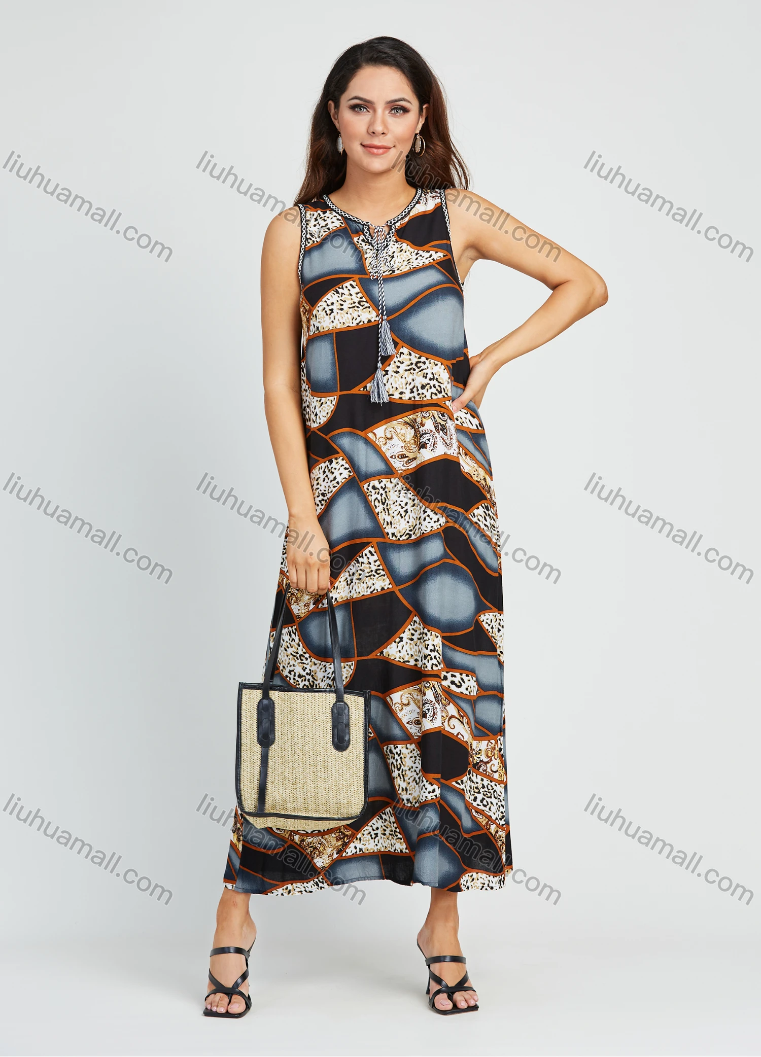 Wholesale Women's Fashion Sleeveless Keyhole Neck Leopard Splicing Print Midi Dress - Liuhuamall