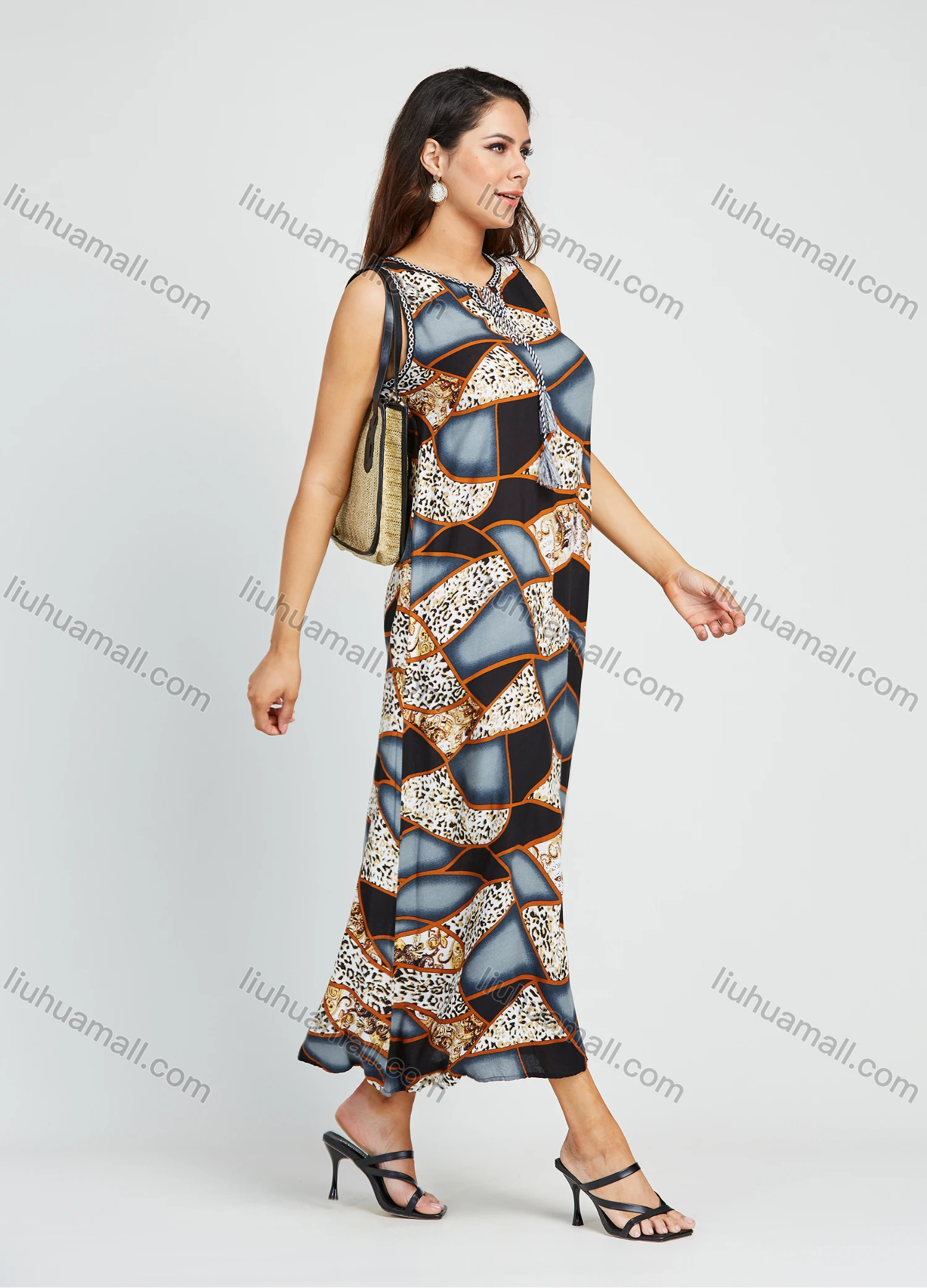 Wholesale Women's Fashion Sleeveless Keyhole Neck Leopard Splicing Print Midi Dress - Liuhuamall