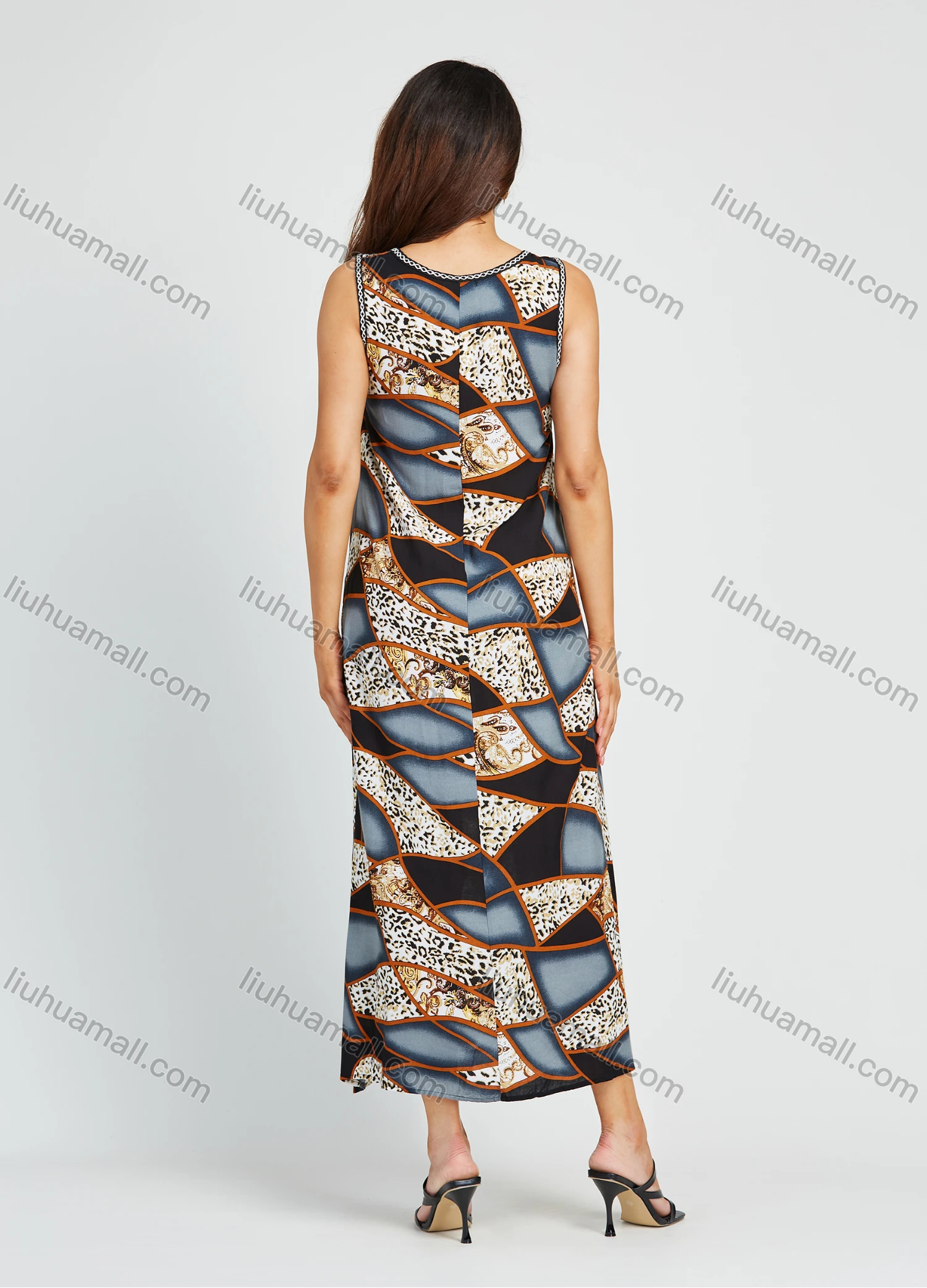 Wholesale Women's Fashion Sleeveless Keyhole Neck Leopard Splicing Print Midi Dress - Liuhuamall