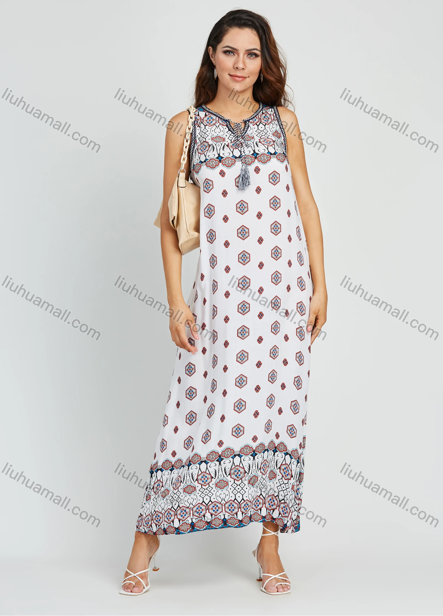 Wholesale Women's Sleeveless Keyhole Neck Allover Print Maxi Dress - Liuhuamall