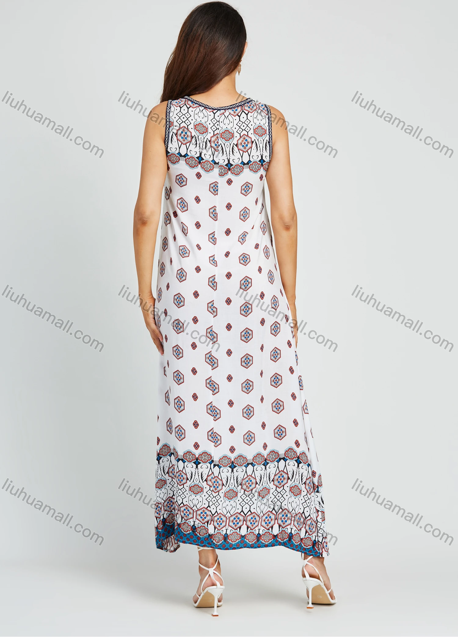 Wholesale Women's Sleeveless Keyhole Neck Allover Print Maxi Dress - Liuhuamall