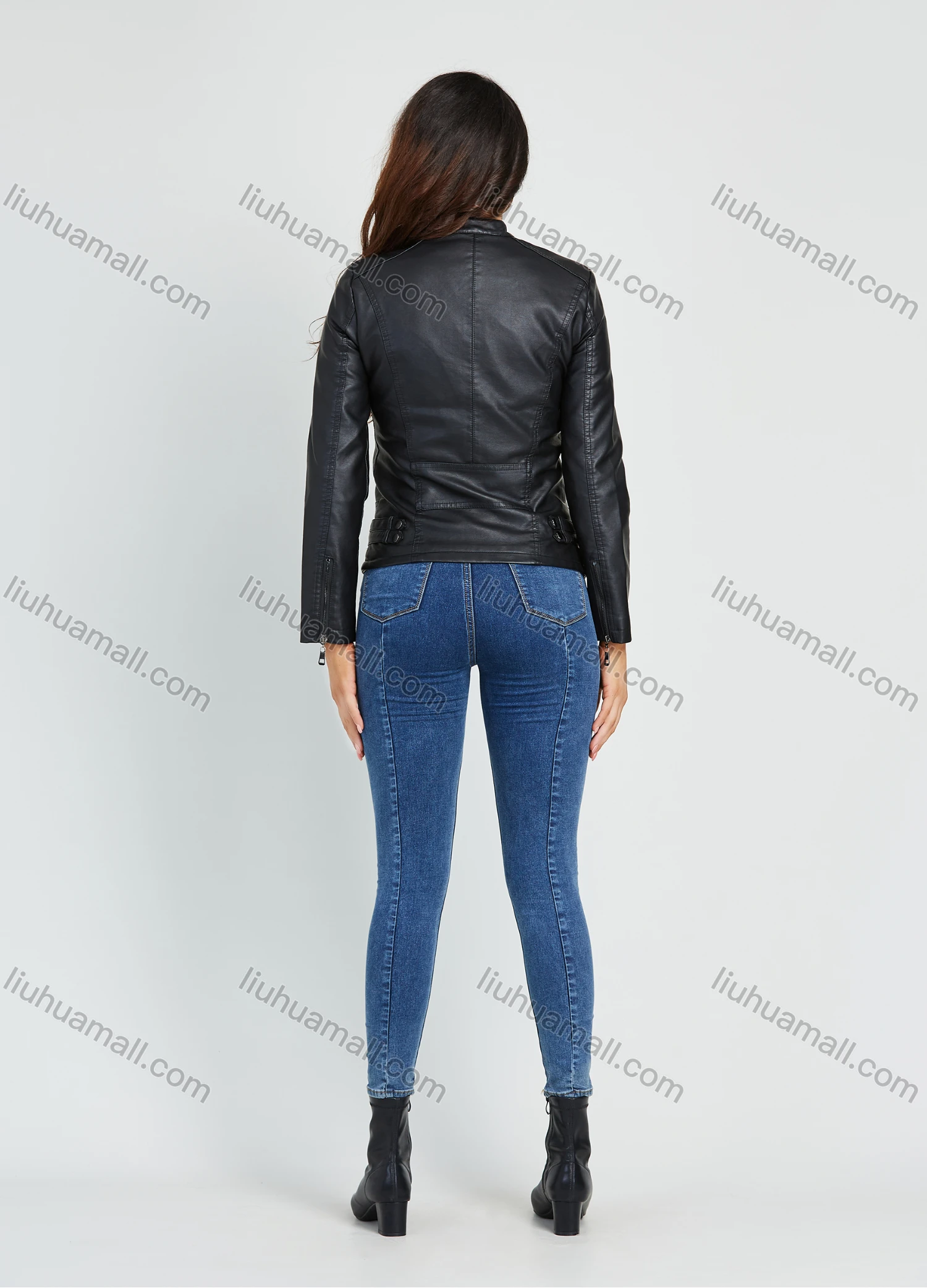 Wholesale Women's Fashion Collared Rivets Zip Up Pockets PU Leather Motorcycle Jacket - Liuhuamall