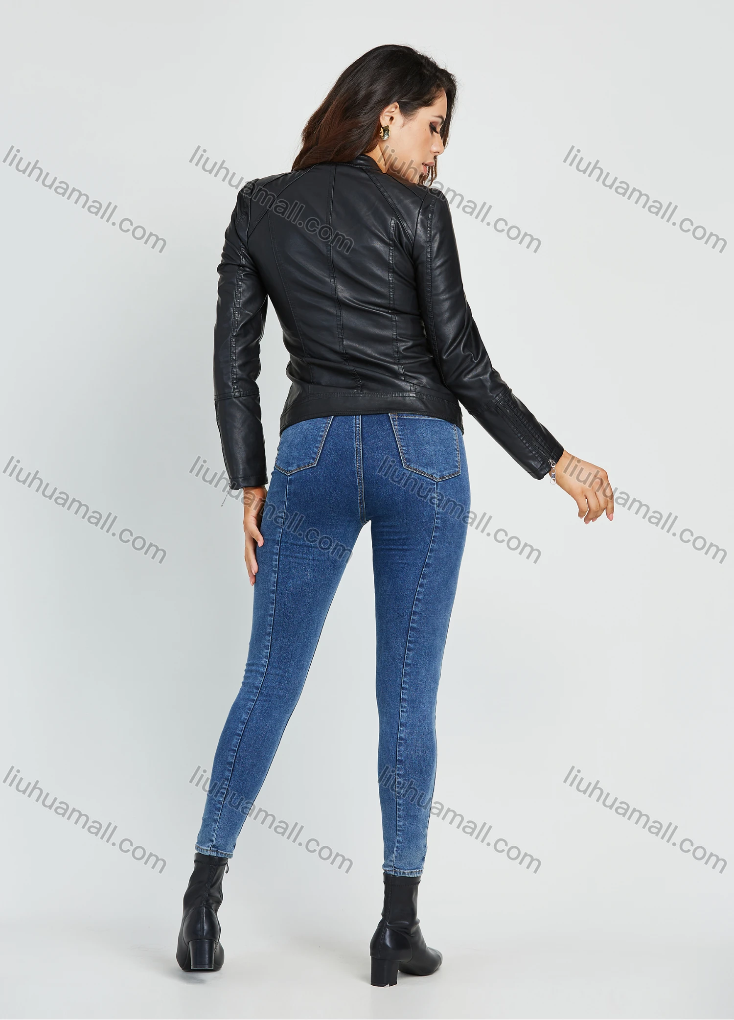 Wholesale Women's Fashion Collared Slim Fit Zip Up PU Leather Motorcycle Jacket - Liuhuamall