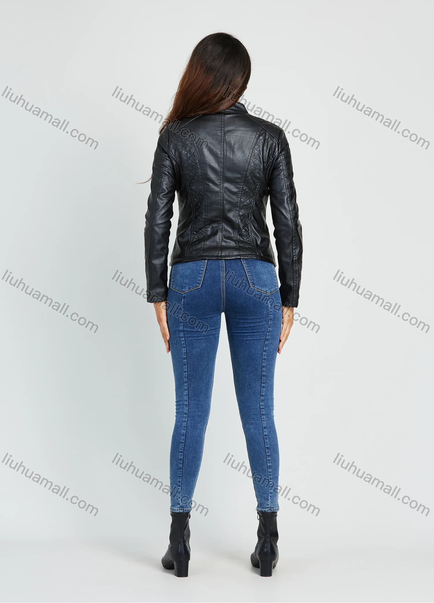 Wholesale Women's Fashion Collared Zip Up Leather Motorcycle Jacket - Liuhuamall