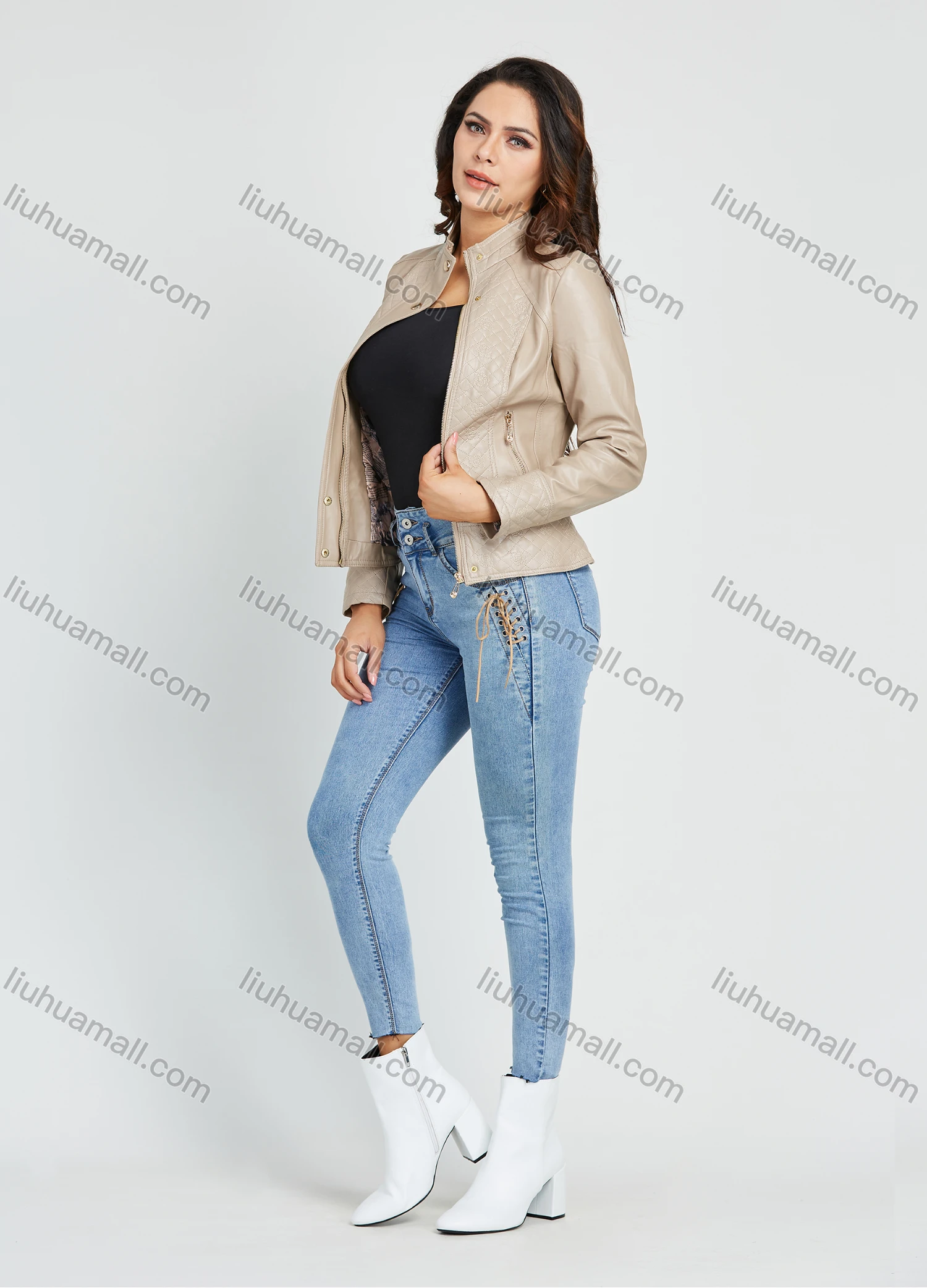 Wholesale Women's Fashion Stand Collar Zip Up Closure PU Leather Motorcycle Jacket - Liuhuamall