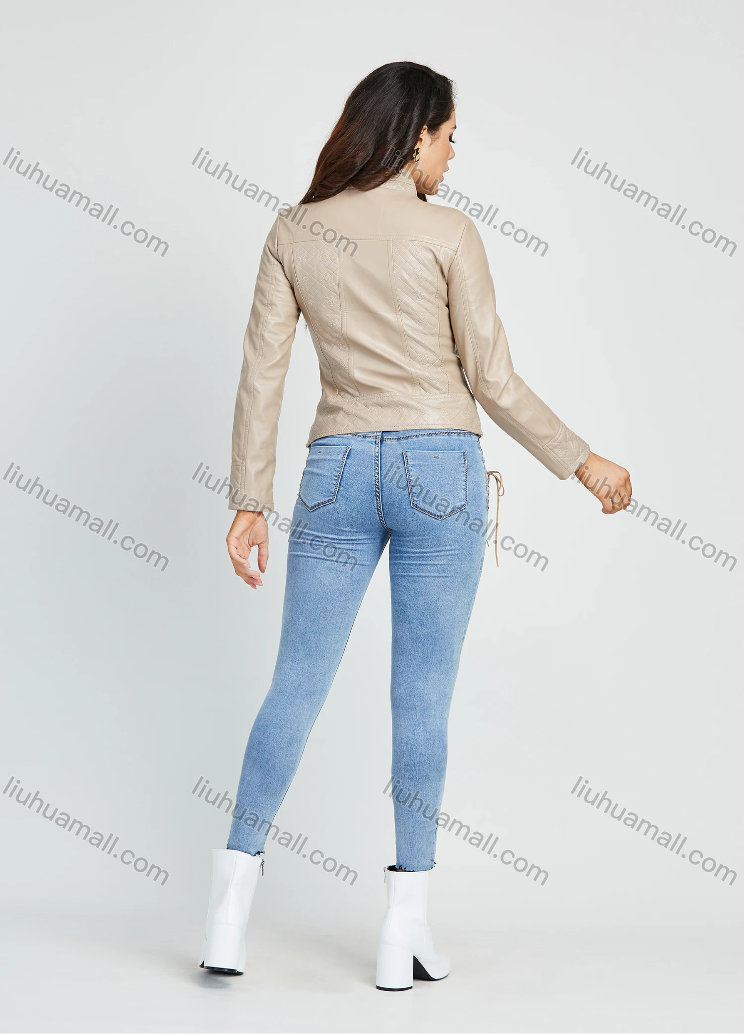 Wholesale Women's Fashion Stand Collar Zip Up Closure PU Leather Motorcycle Jacket - Liuhuamall