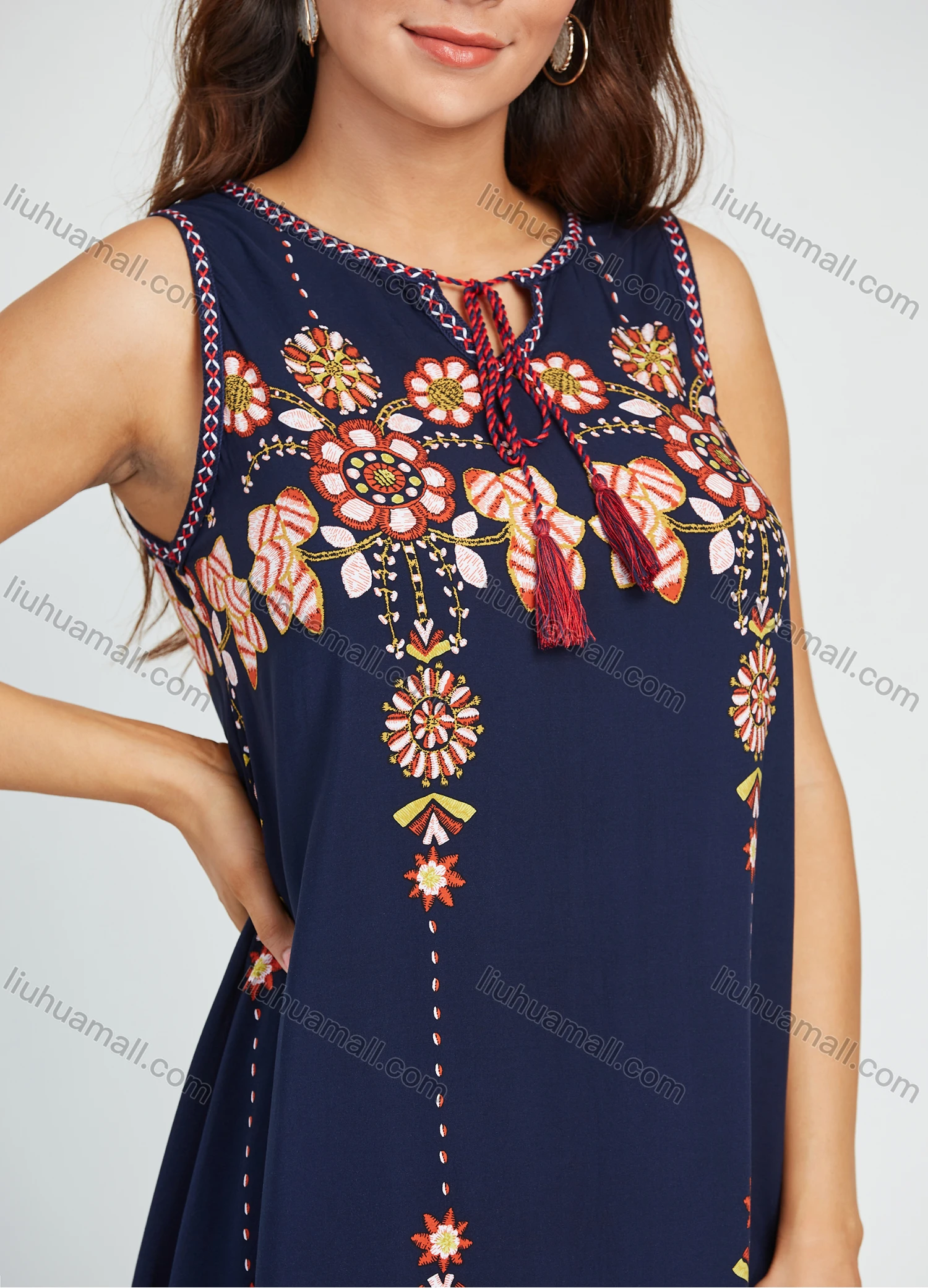 Wholesale Women's Keyhole Neck Sleeveless Floral Print Knee Length Dress - Liuhuamall