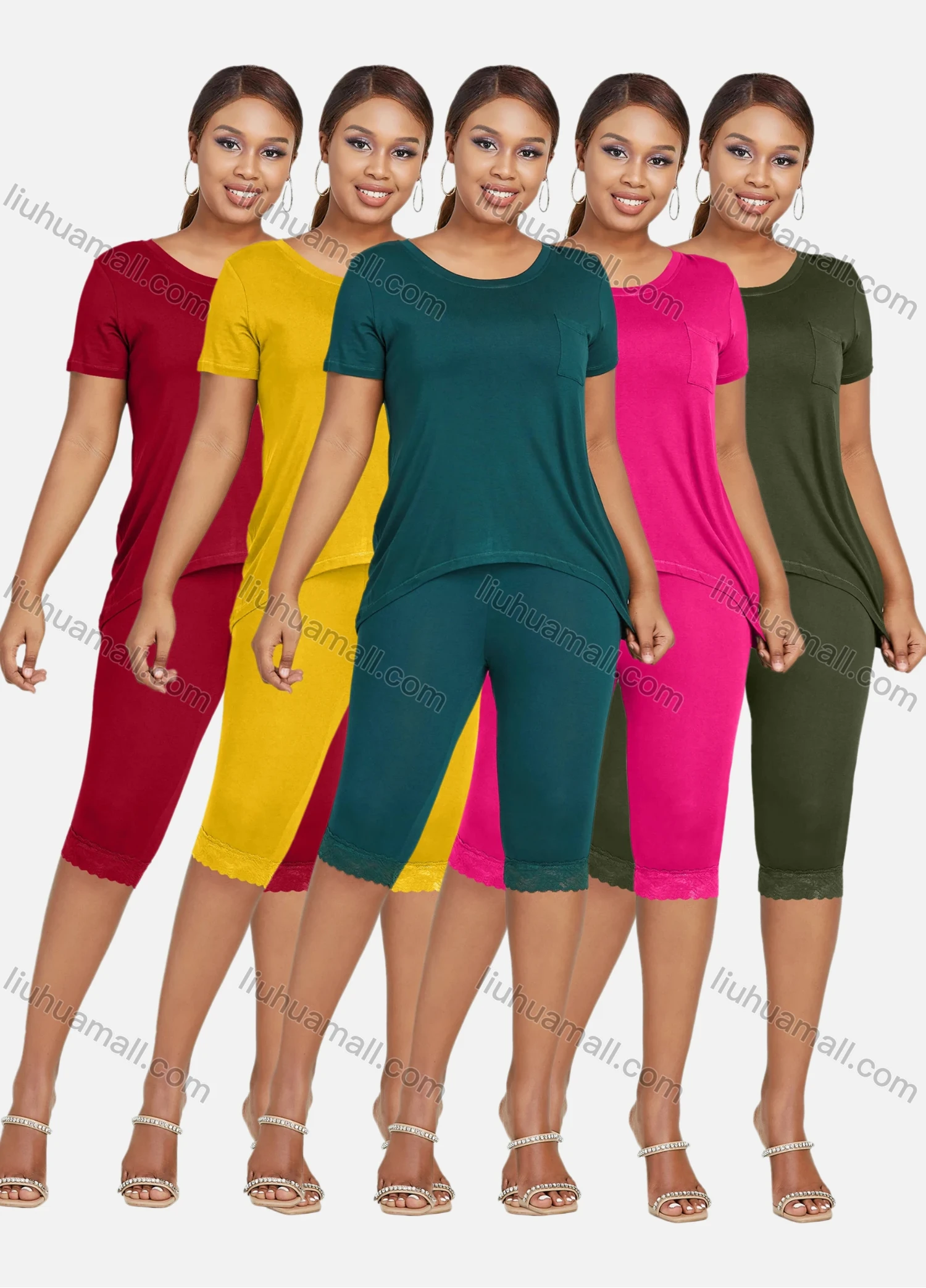 Wholesale Women's Daily Short Sleeve Round Neck T-shirt 2 Piece Set - Liuhuamall