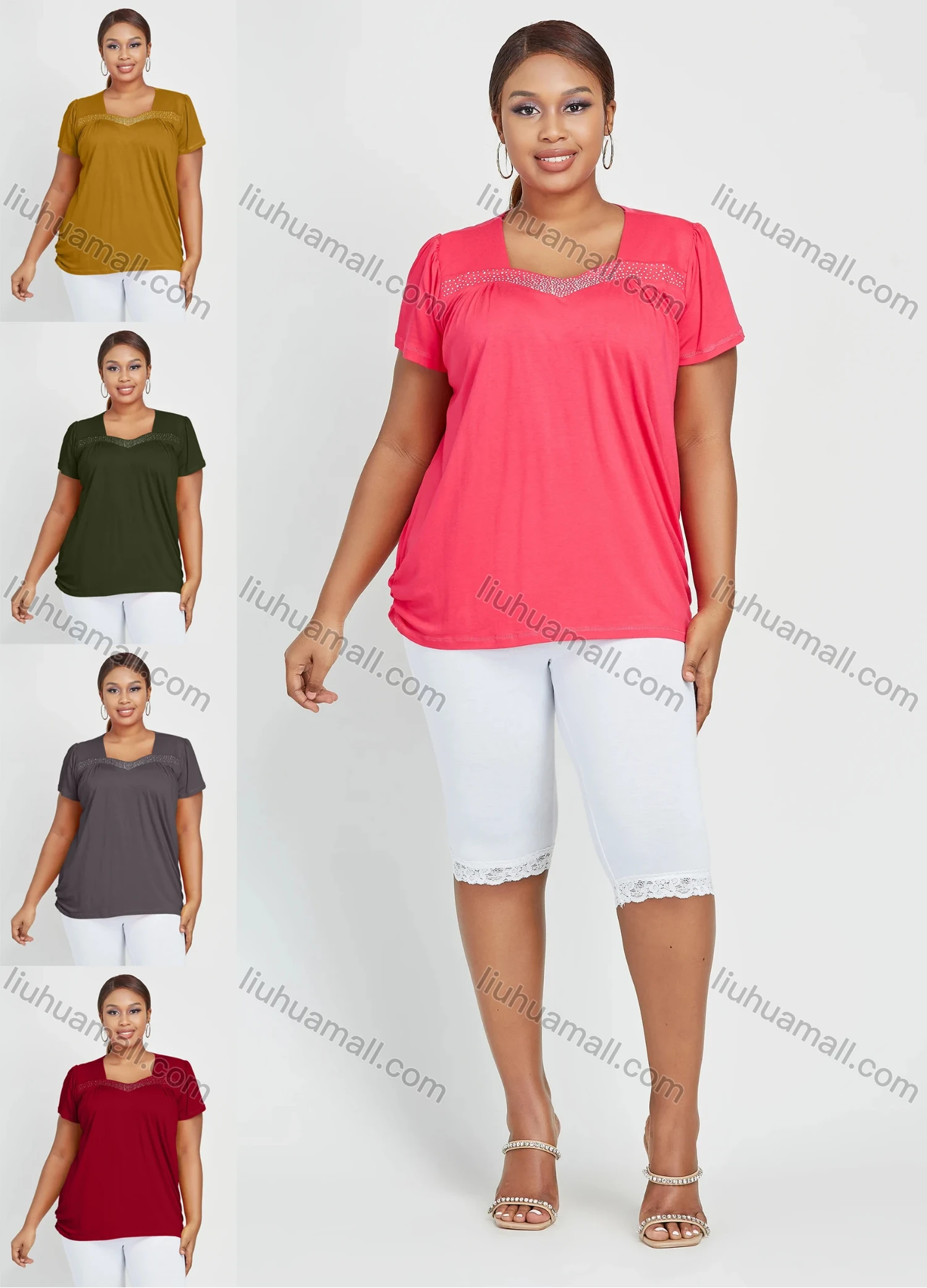 Wholesale Women's Daily Short Sleeve Square Neck Rhinestone Top 2 Piece Set - Liuhuamall