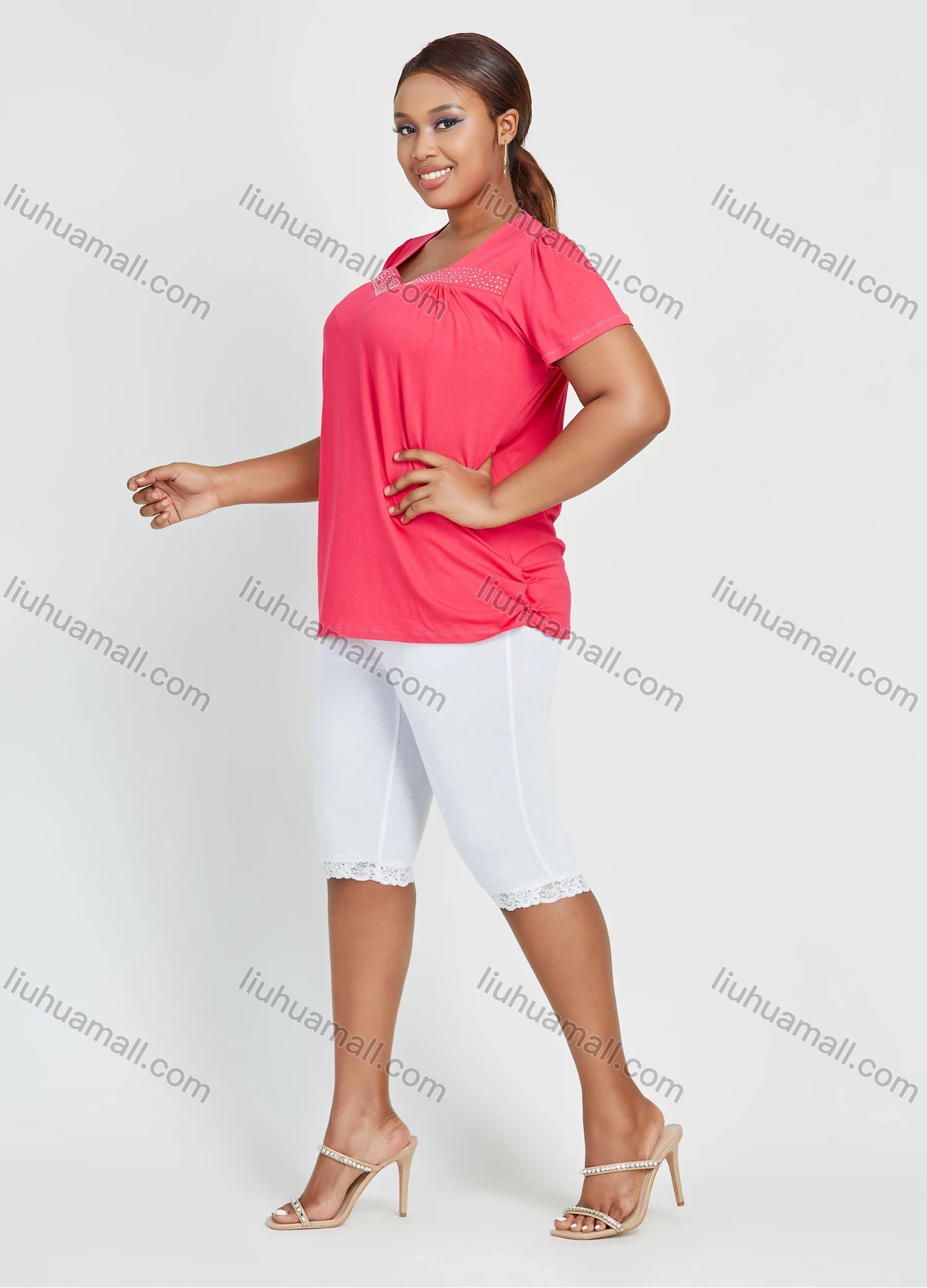 Wholesale Women's Daily Short Sleeve Square Neck Rhinestone Top 2 Piece Set - Liuhuamall