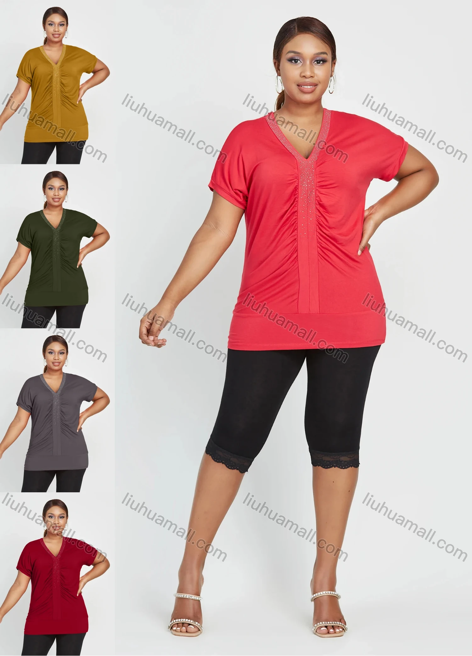 Wholesale Women's Daily Short Sleeve V Neck Rhinestone Ruched Top 2 Piece Set - Liuhuamall