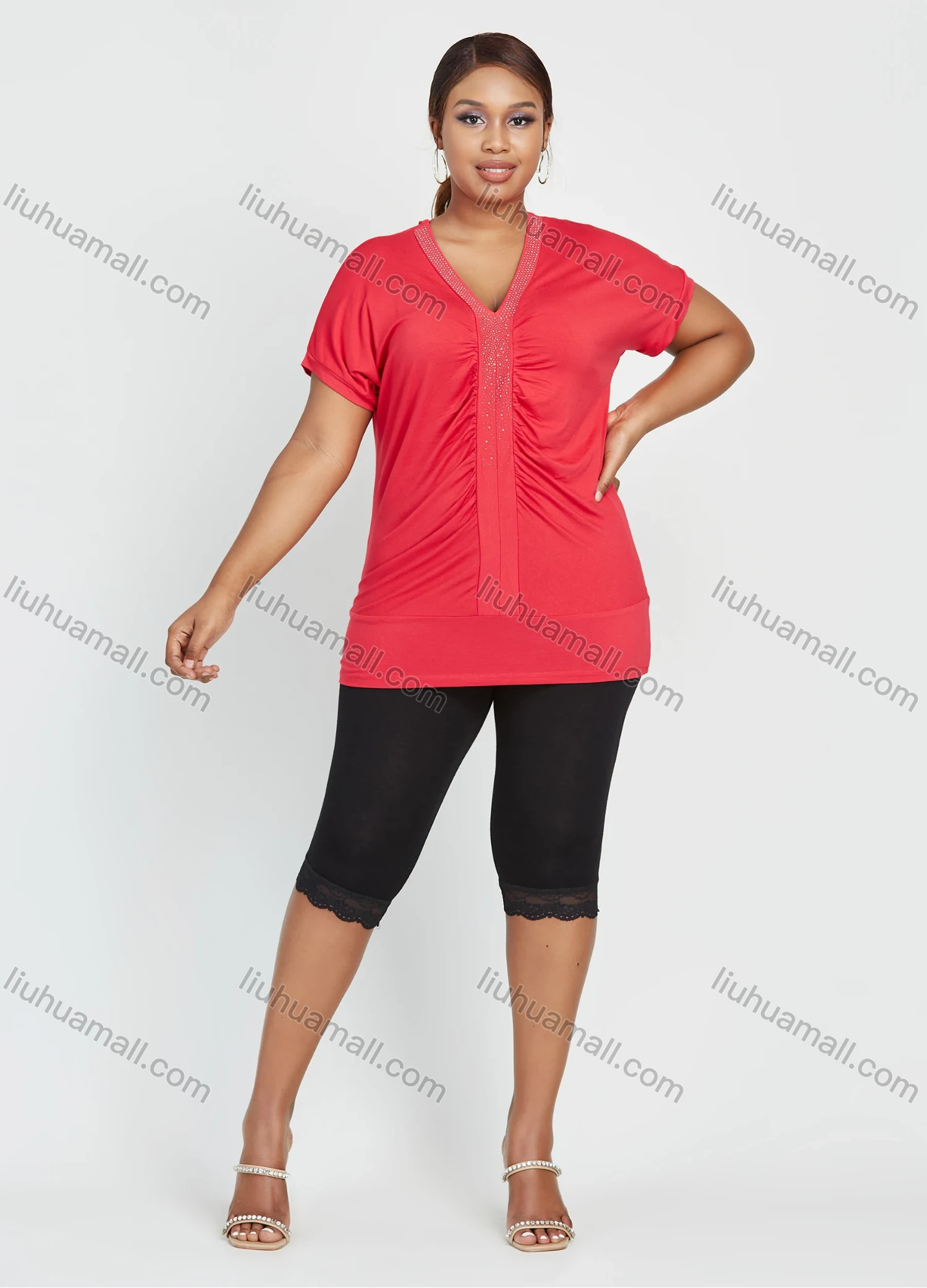 Wholesale Women's Daily Short Sleeve V Neck Rhinestone Ruched Top 2 Piece Set - Liuhuamall