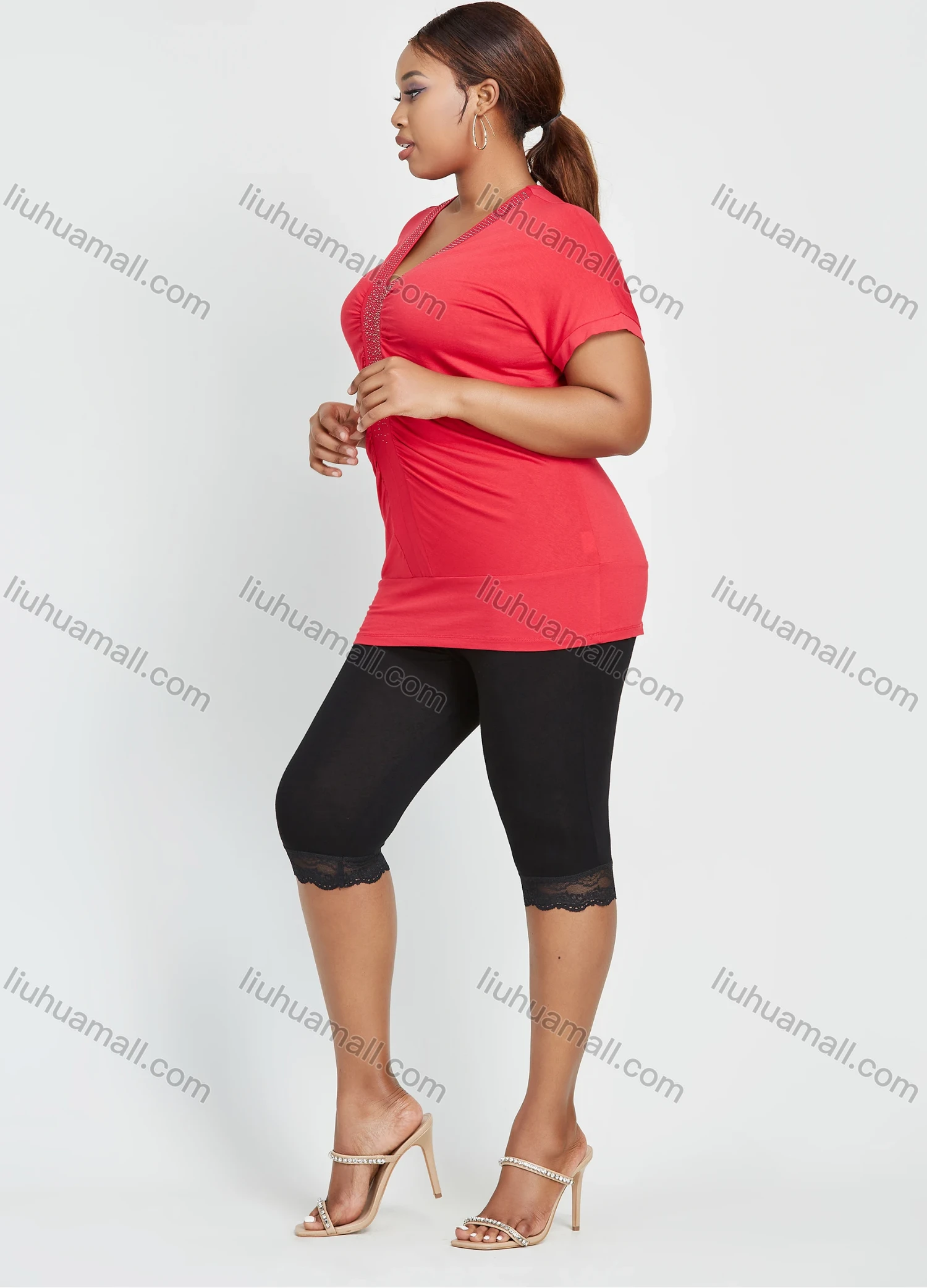 Wholesale Women's Daily Short Sleeve V Neck Rhinestone Ruched Top 2 Piece Set - Liuhuamall