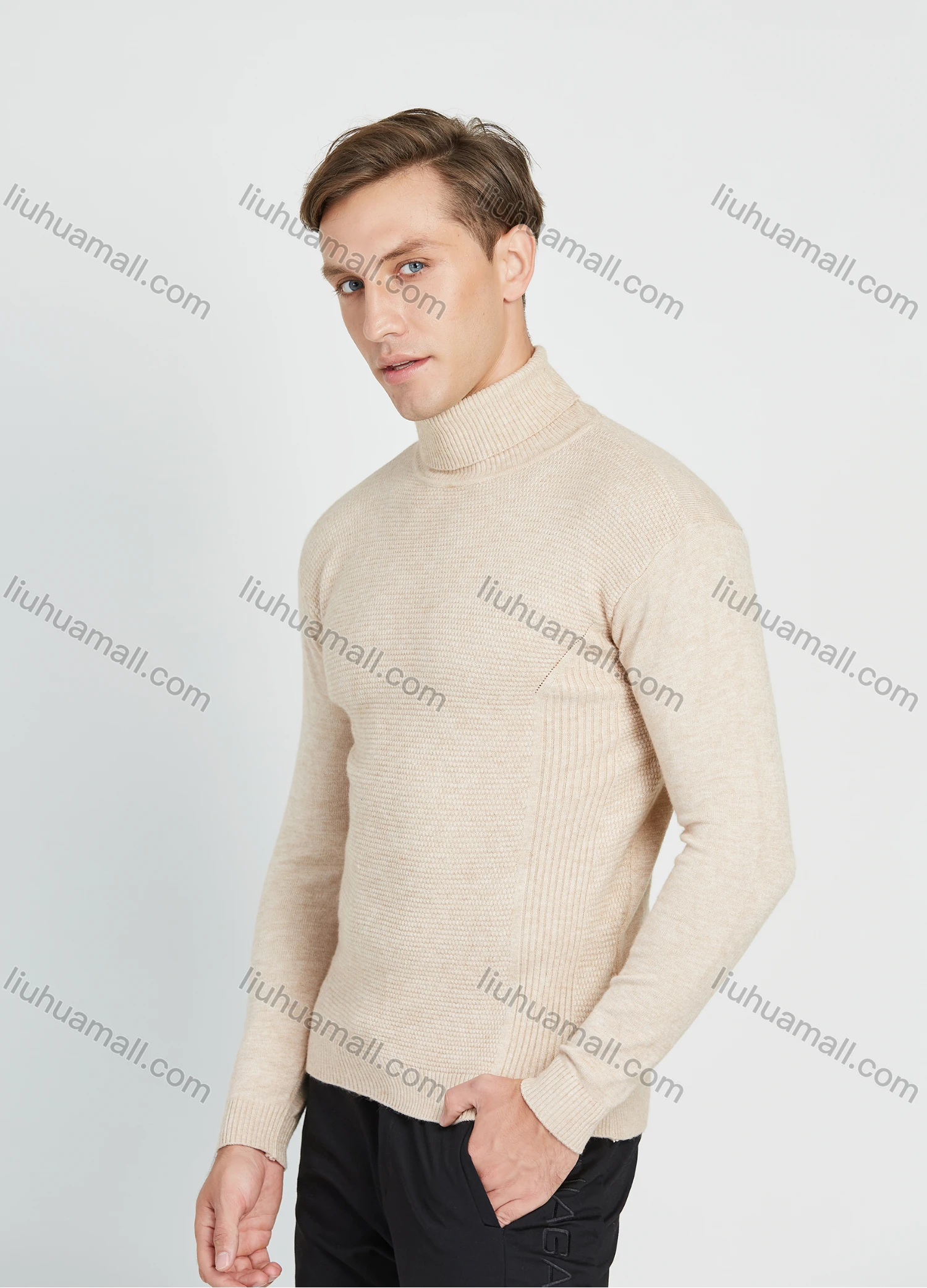 Wholesale Men's Slim Fit Turtleneck Plain Long Sleeve Rib-Knit Pullover Sweater - Liuhuamall
