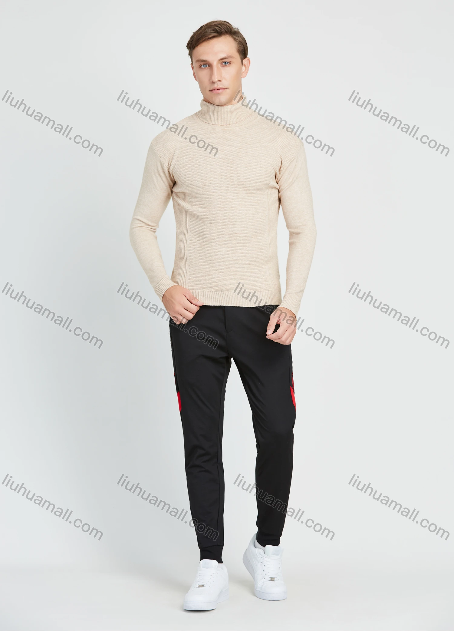 Wholesale Men's Slim Fit Turtleneck Plain Long Sleeve Rib-Knit Pullover Sweater - Liuhuamall