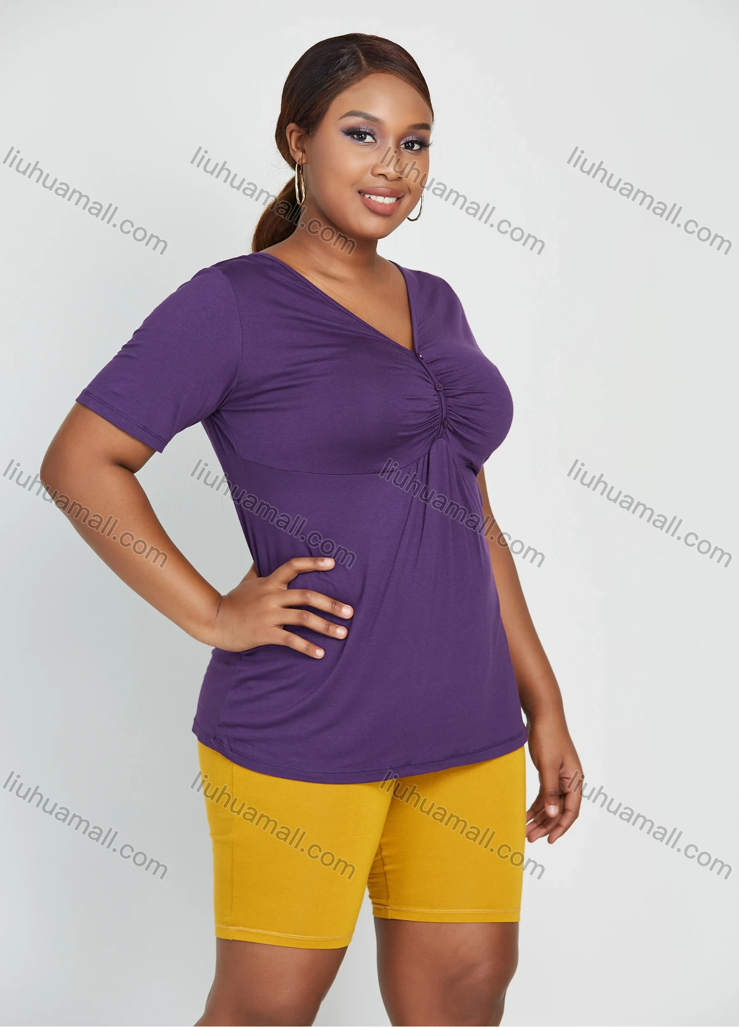 Wholesale Women's Casual Plain Ruched Short Sleeve V Neck Button Front Daily Top - Liuhuamall