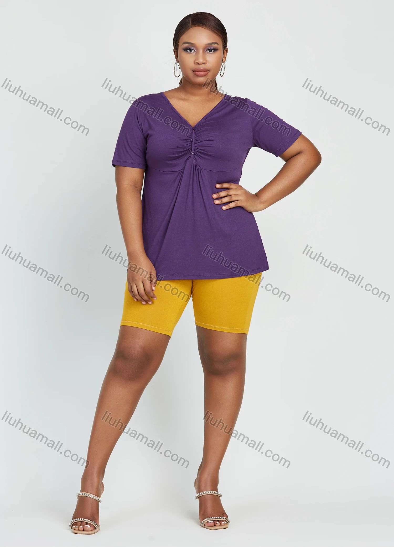 Wholesale Women's Casual Plain Ruched Short Sleeve V Neck Button Front Daily Top - Liuhuamall