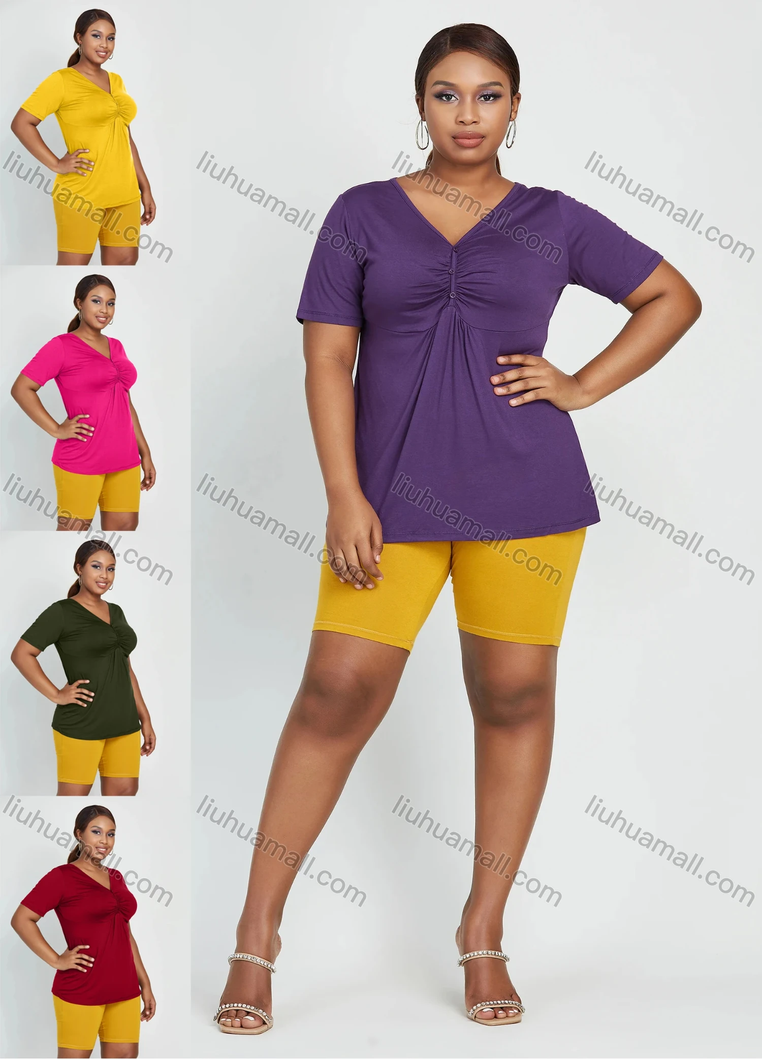 Wholesale Women's Casual Plain Ruched Short Sleeve V Neck Button Front Daily Top - Liuhuamall