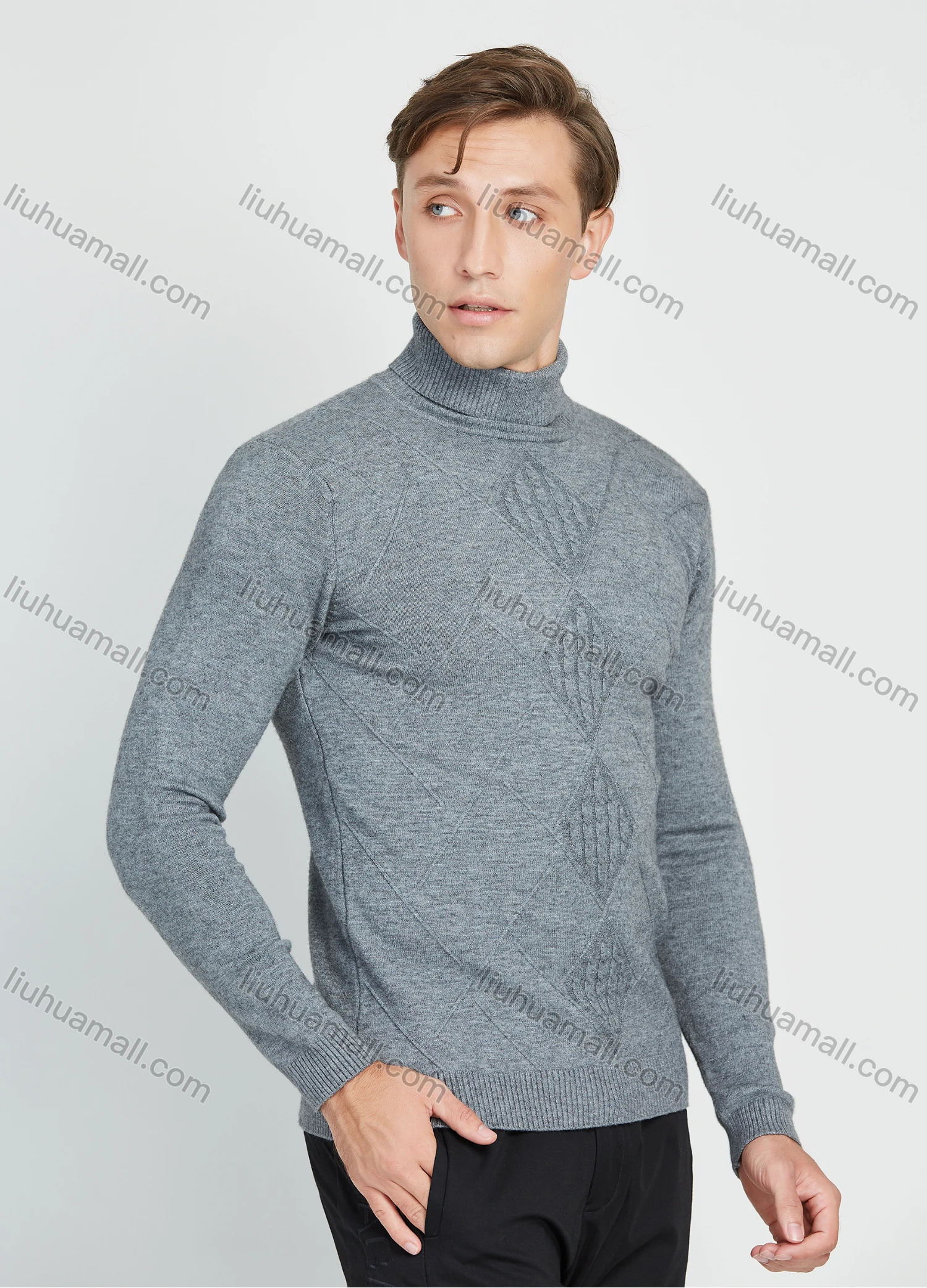 Wholesale Men's Casual Plain Turtleneck Long Sleeve Cable Knit Sweater - Liuhuamall