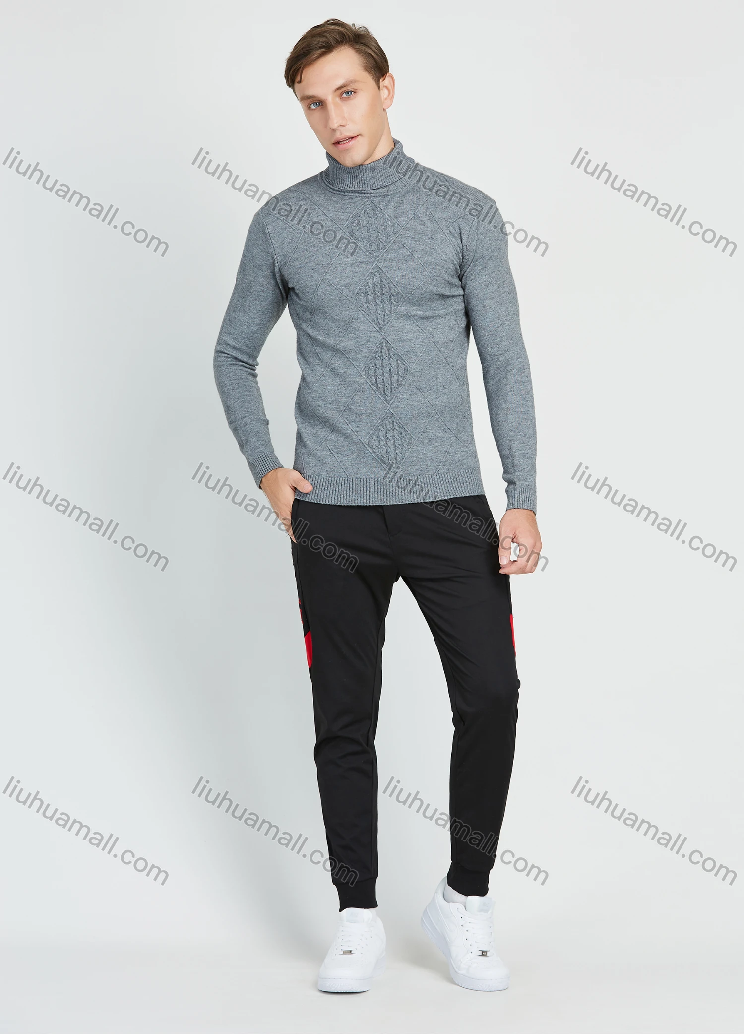 Wholesale Men's Casual Plain Turtleneck Long Sleeve Cable Knit Sweater - Liuhuamall