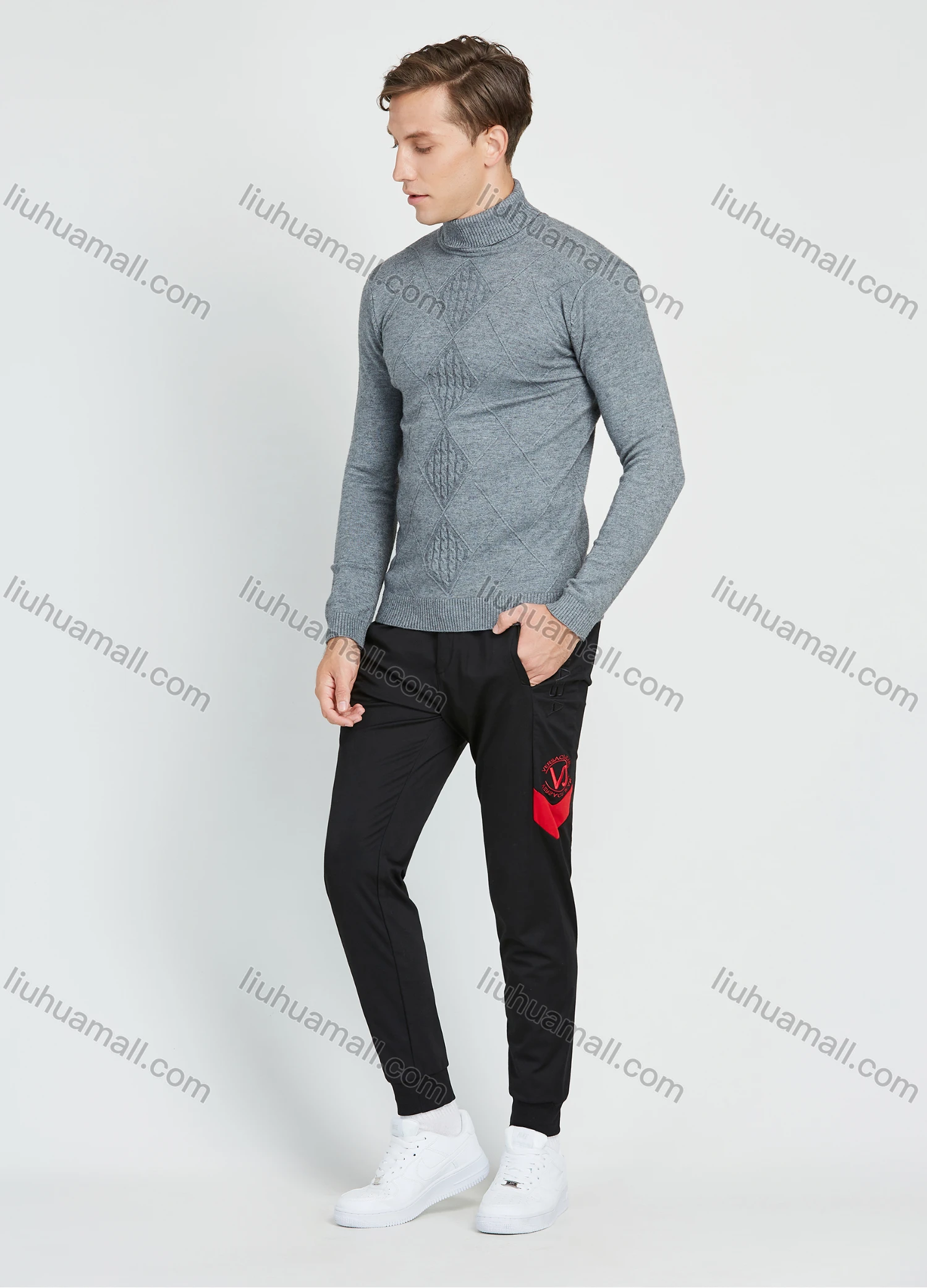 Wholesale Men's Casual Plain Turtleneck Long Sleeve Cable Knit Sweater - Liuhuamall