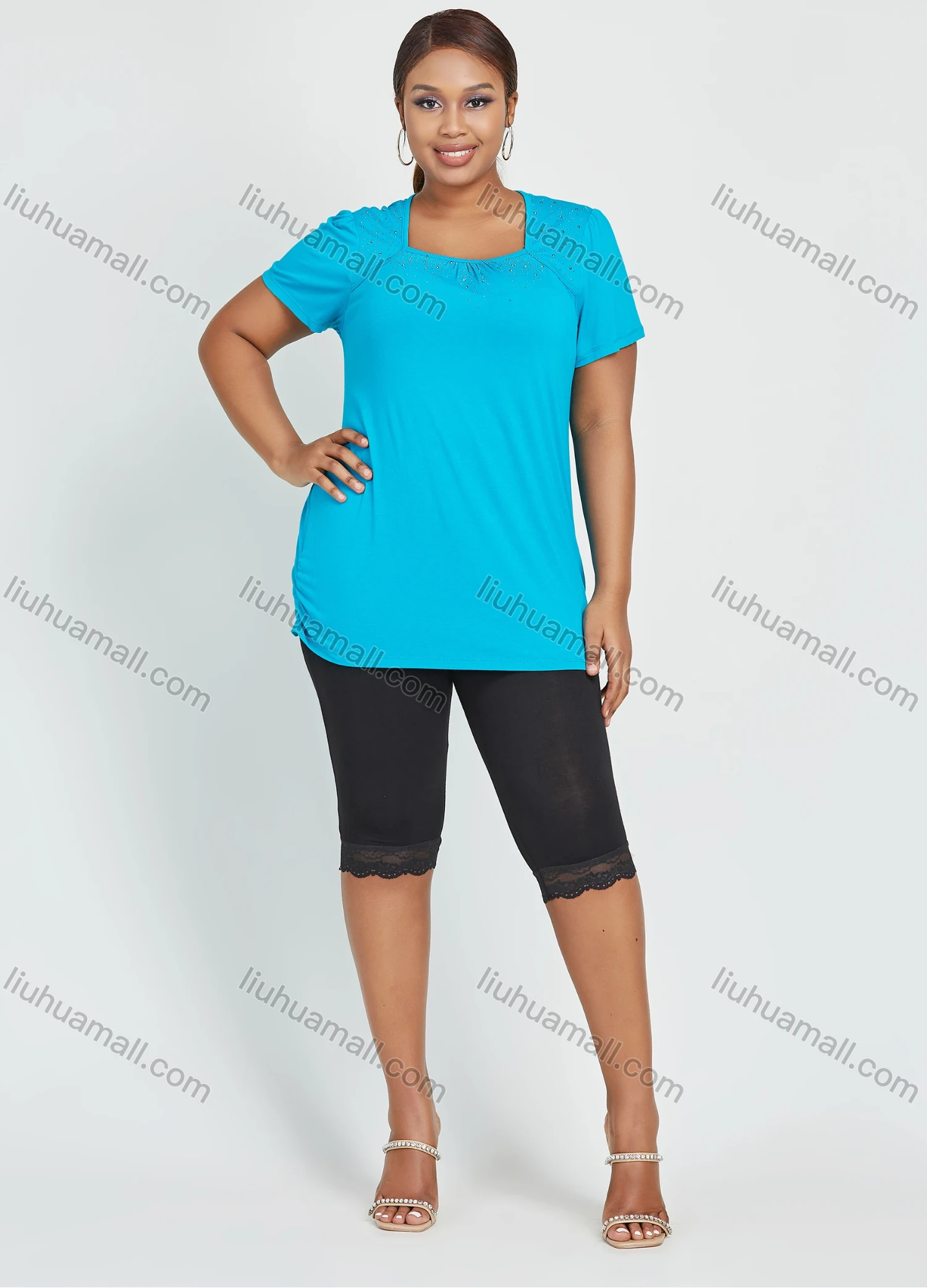 Wholesale Women's Plain Short Sleeve Square Neck Rhinestone Daily Top - Liuhuamall