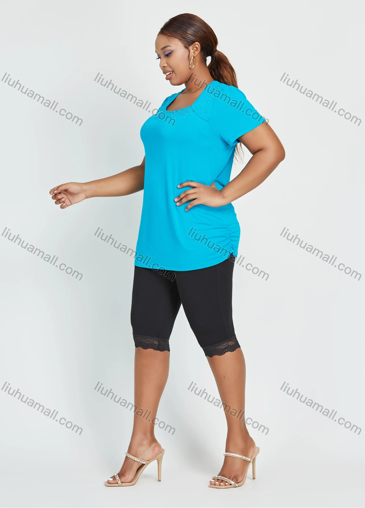 Wholesale Women's Plain Short Sleeve Square Neck Rhinestone Daily Top - Liuhuamall