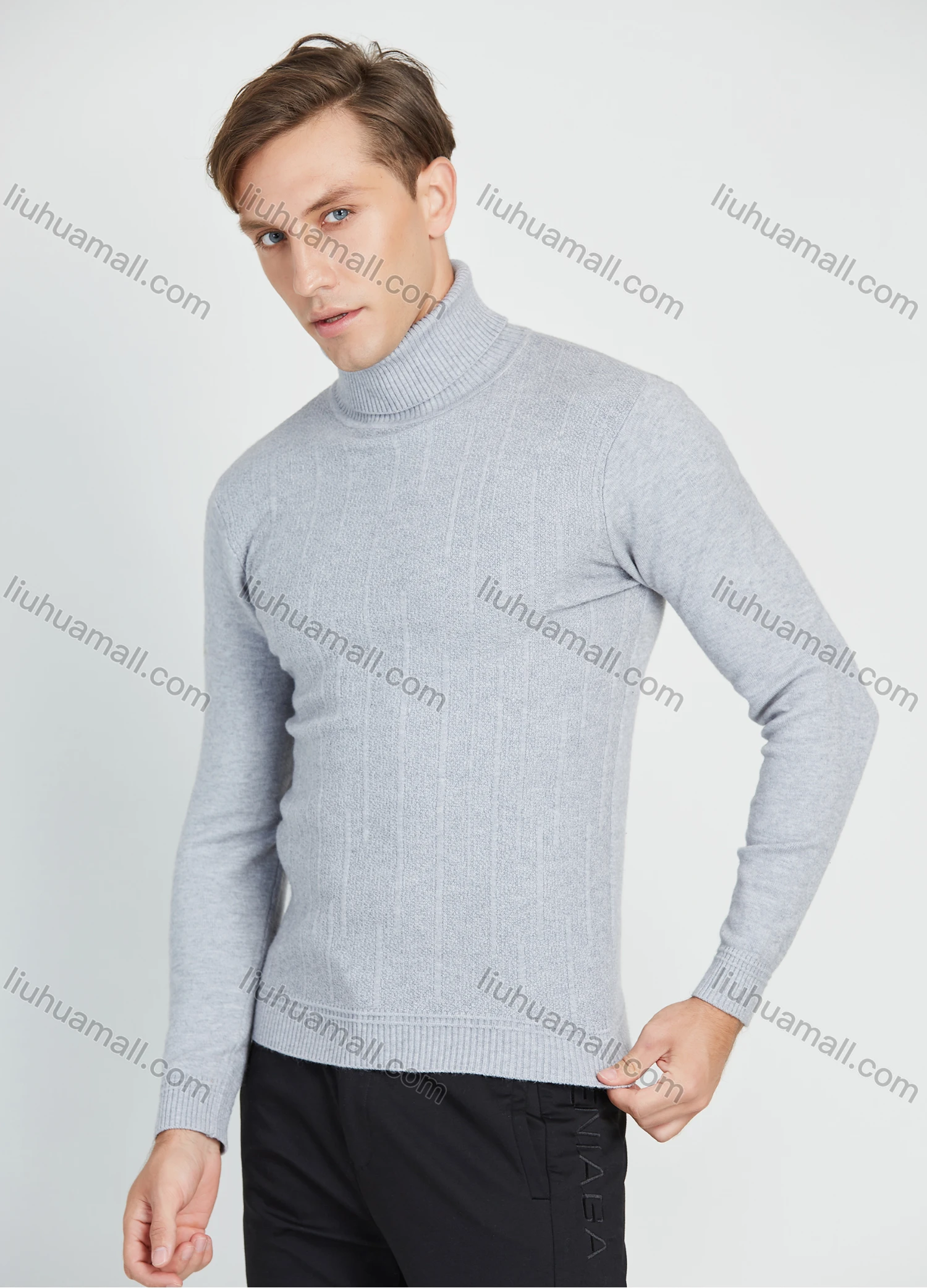 Wholesale Men's Casual Plain Turtleneck Long Sleeve Slim Fit Knit Sweater - Liuhuamall