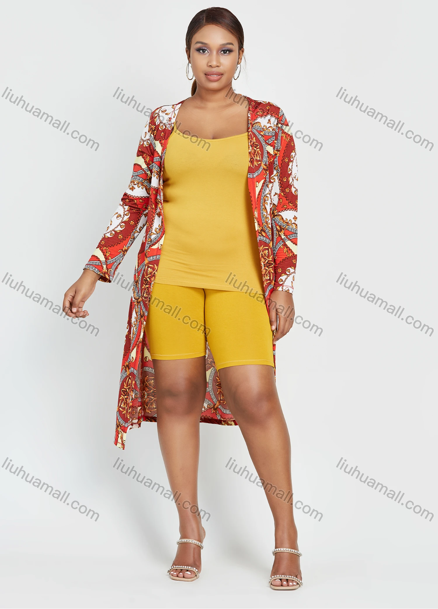 Wholesale Women's Long Sleeve Baroque Print Knee Length Cardigan - Liuhuamall