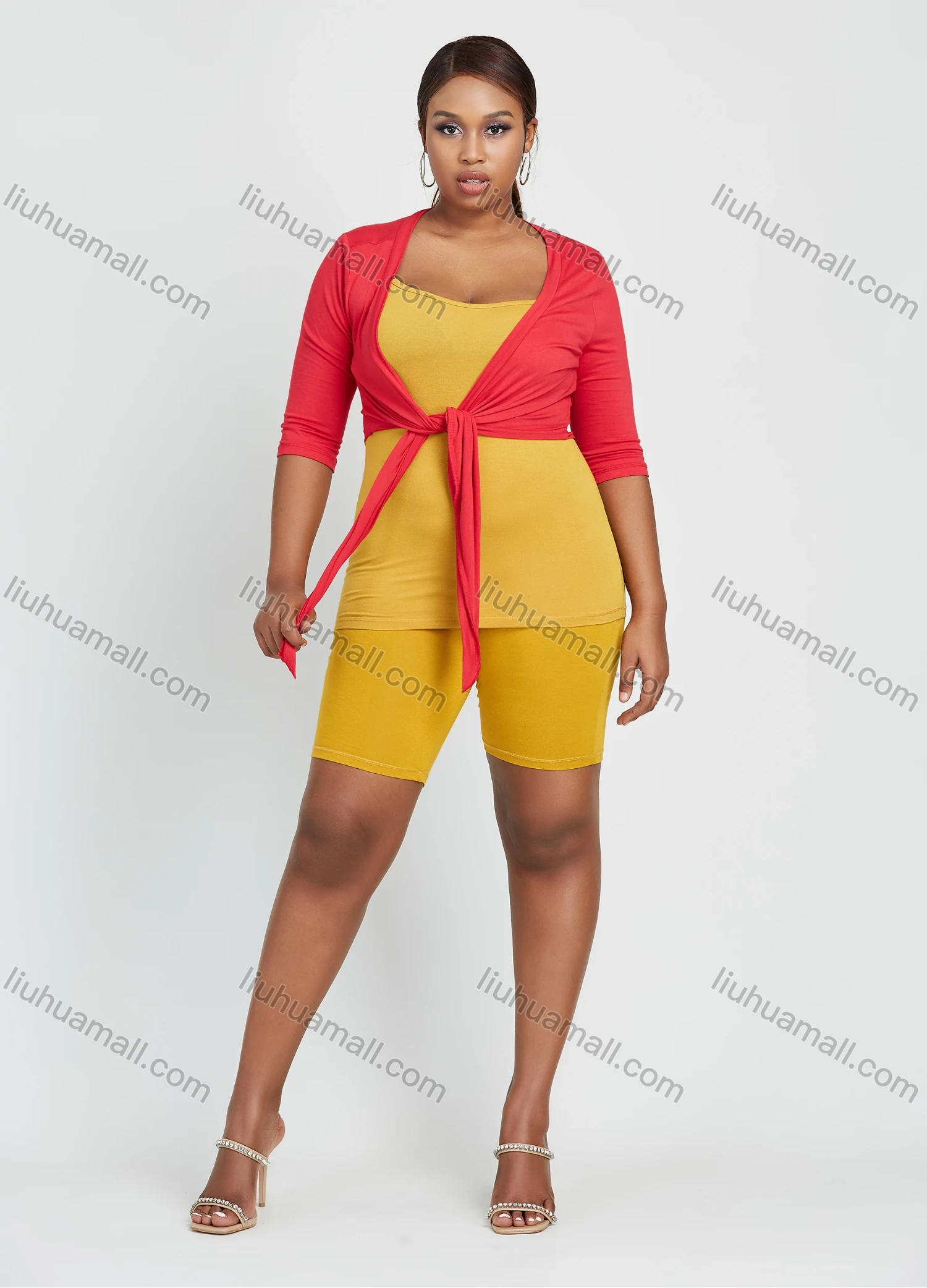 Wholesale Women's Plain Sleeveless Bateau Neck Top With Cardigan 3 Pieces Set - Liuhuamall