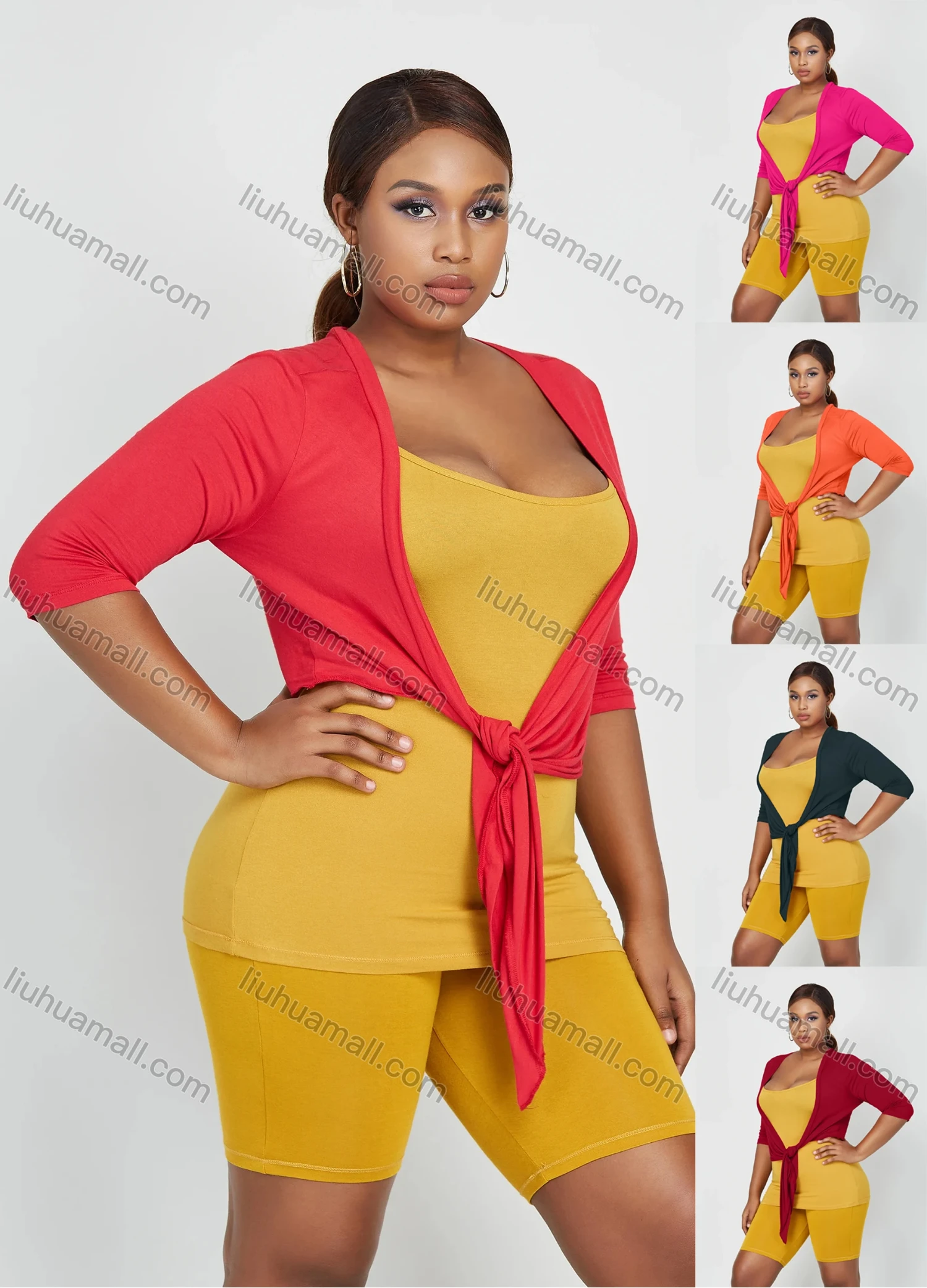 Wholesale Women's Plain Sleeveless Bateau Neck Top With Cardigan 3 Pieces Set - Liuhuamall