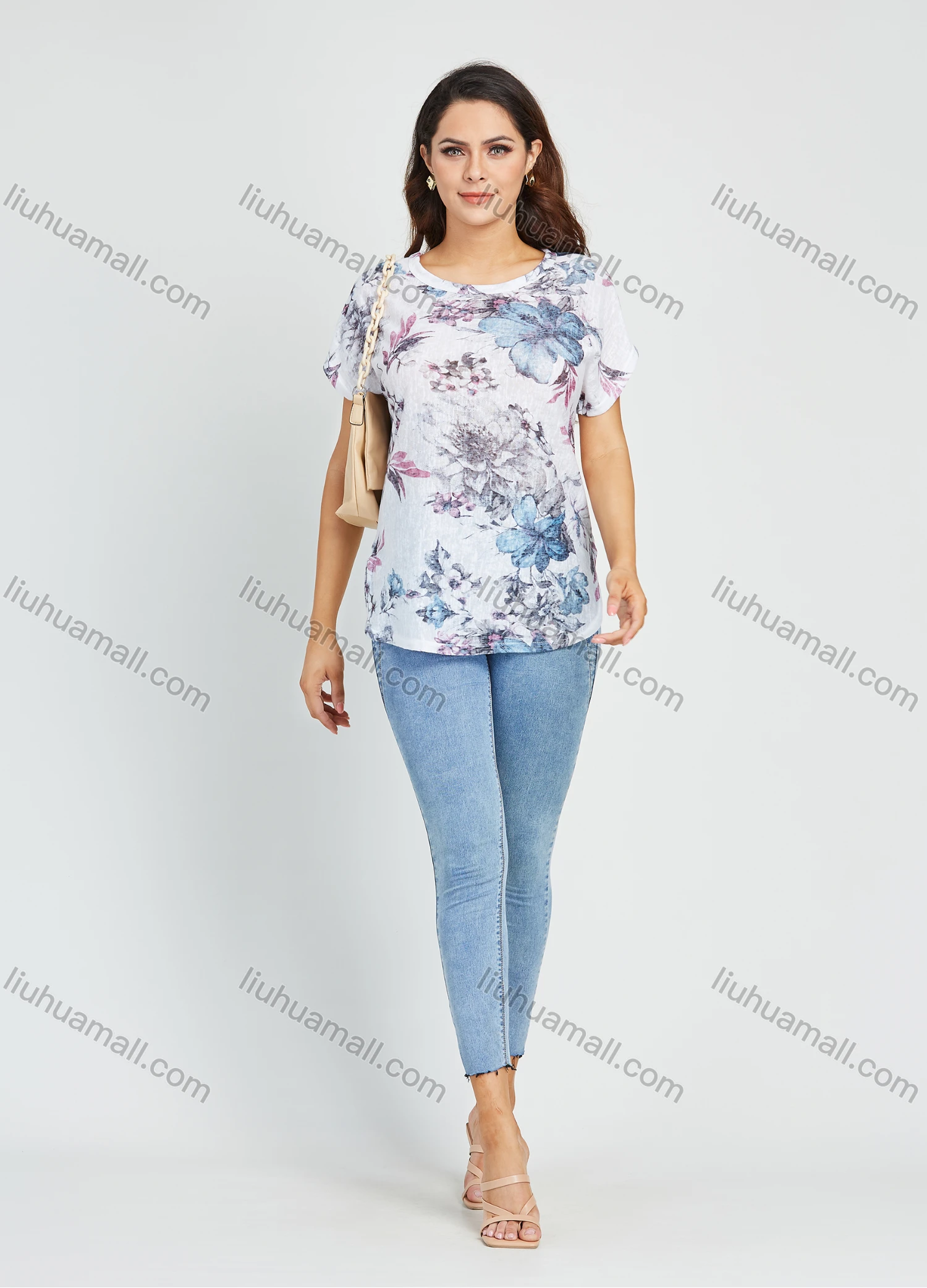 Wholesale Women's Round Neck Floral Print Short Sleeve Curved Hem Blosue - Liuhuamall