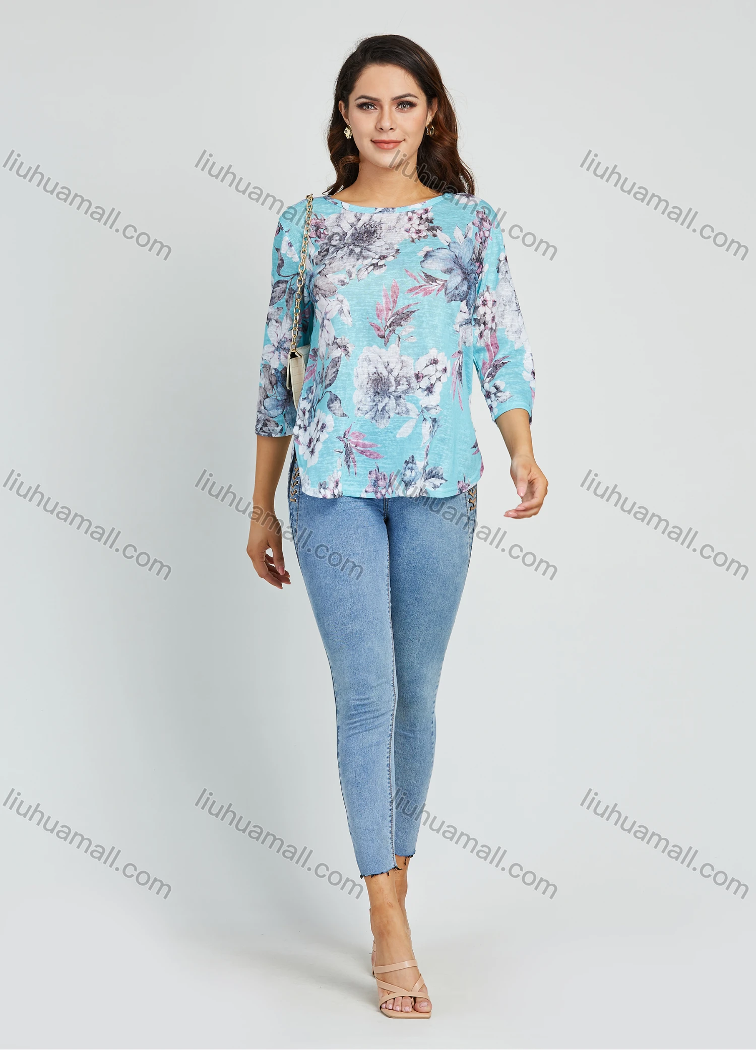 Wholesale Women's Round Neck 3/4 Sleeve Curved Hem Floral Print Blouse 21015# - Liuhuamall