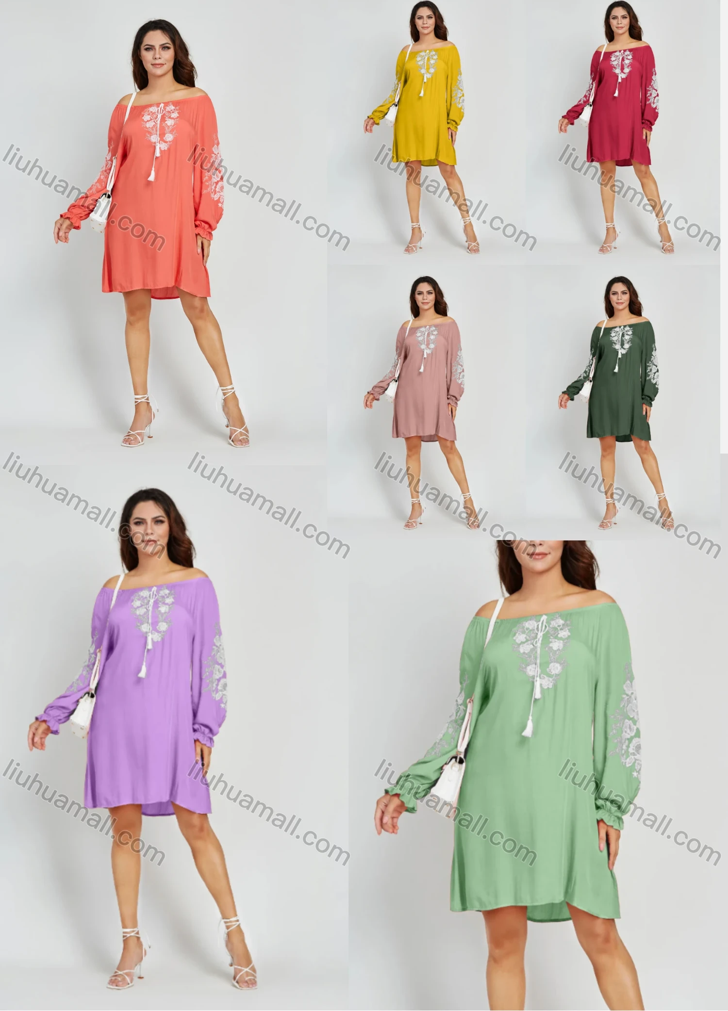 Wholesale Women's Casual Plain Embroidery Floral Off Shoulder Long Sleeve Short Dress - Liuhuamall