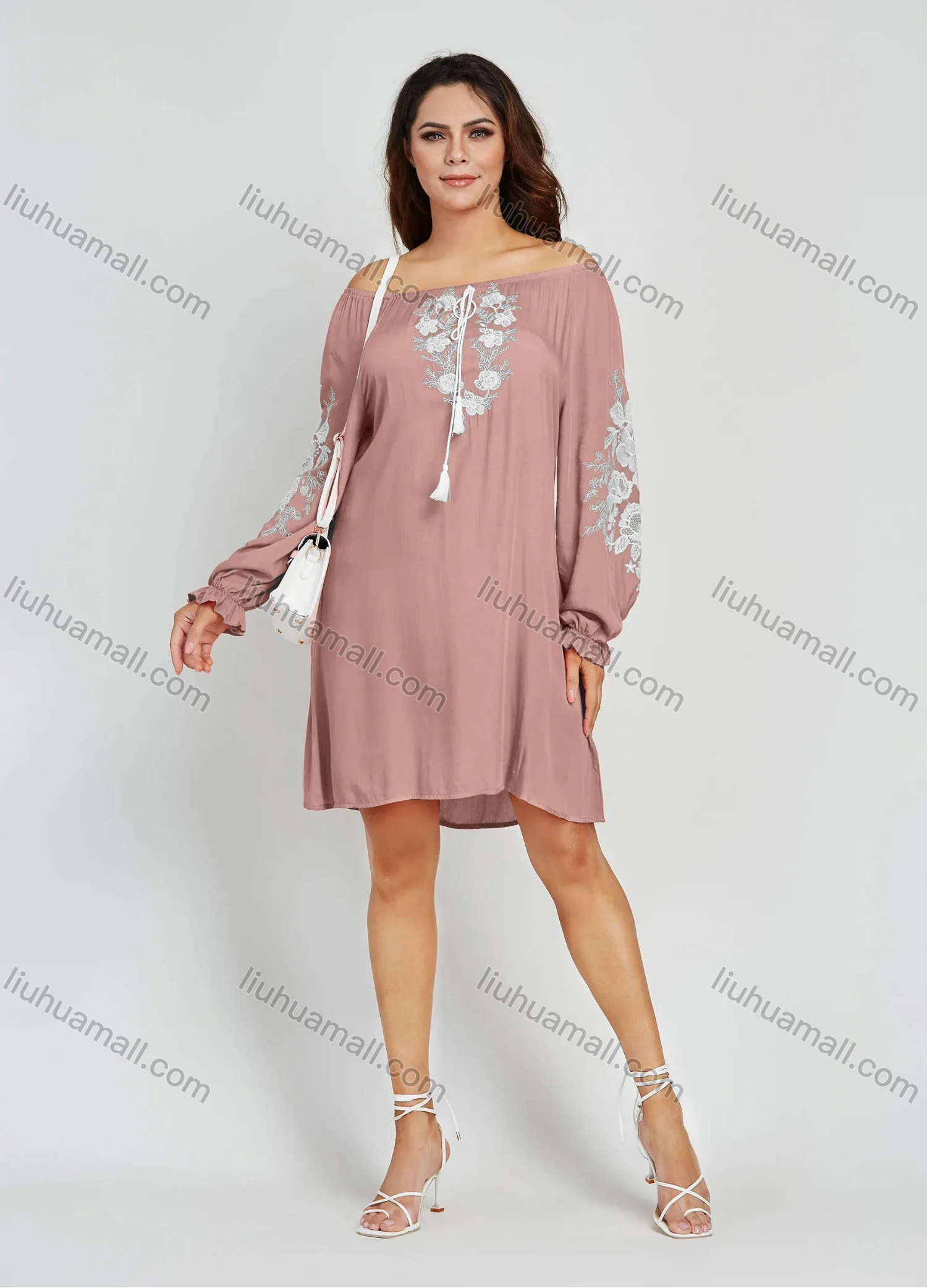 Wholesale Women's Casual Plain Embroidery Floral Off Shoulder Long Sleeve Short Dress - Liuhuamall