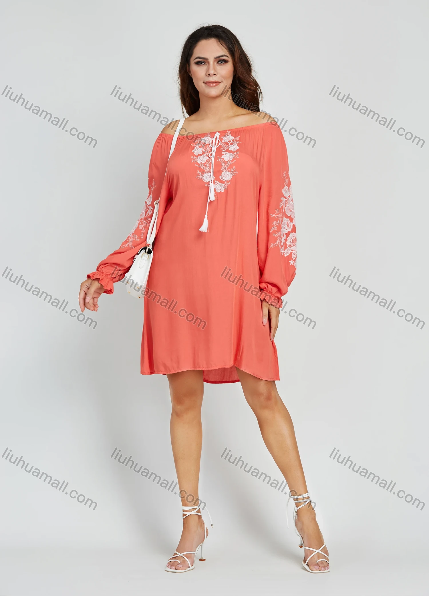 Wholesale Women's Casual Plain Embroidery Floral Off Shoulder Long Sleeve Short Dress - Liuhuamall